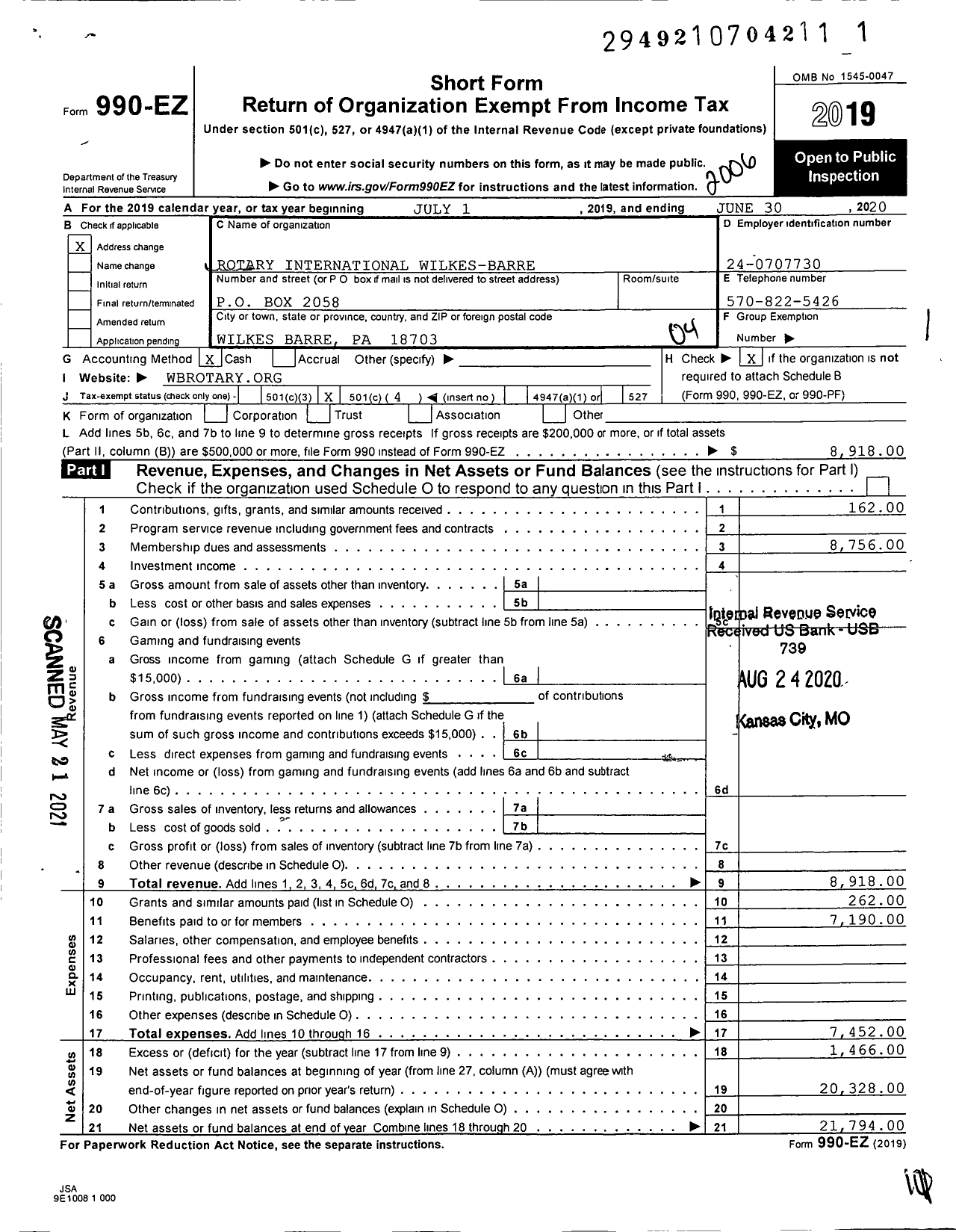 Image of first page of 2019 Form 990EO for Rotary International - Wilkes-Barre