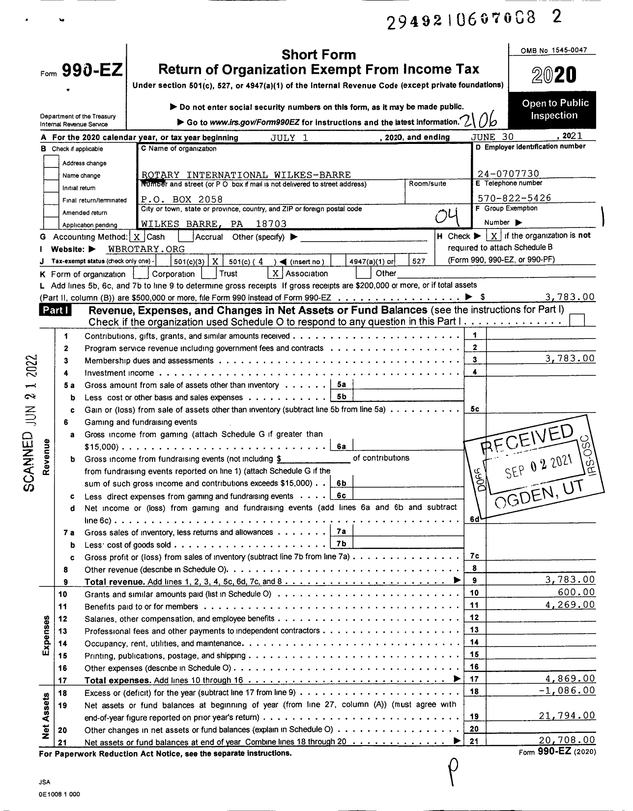 Image of first page of 2020 Form 990EO for Rotary International - Wilkes-Barre