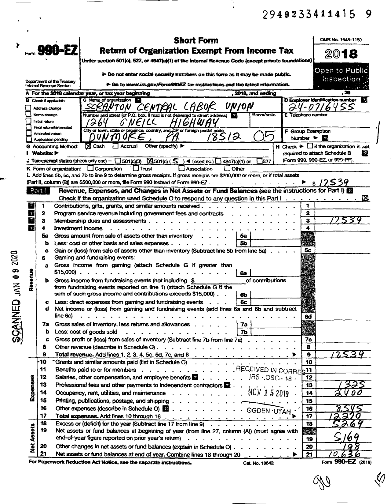 Image of first page of 2018 Form 990EO for AFL-CIO - Greater SCRANTON Central lABOR