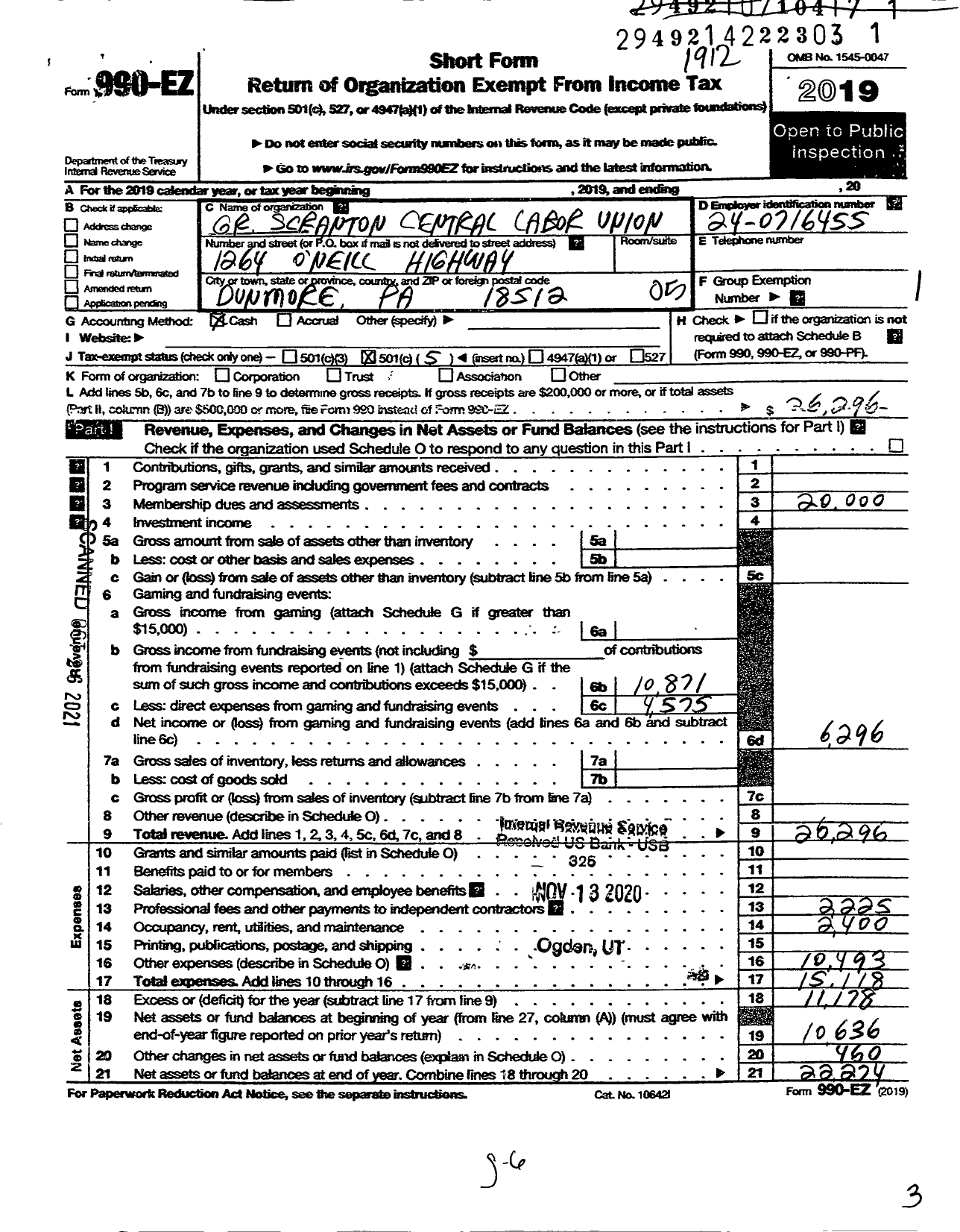 Image of first page of 2019 Form 990EO for AFL-CIO - Greater SCRANTON Central lABOR