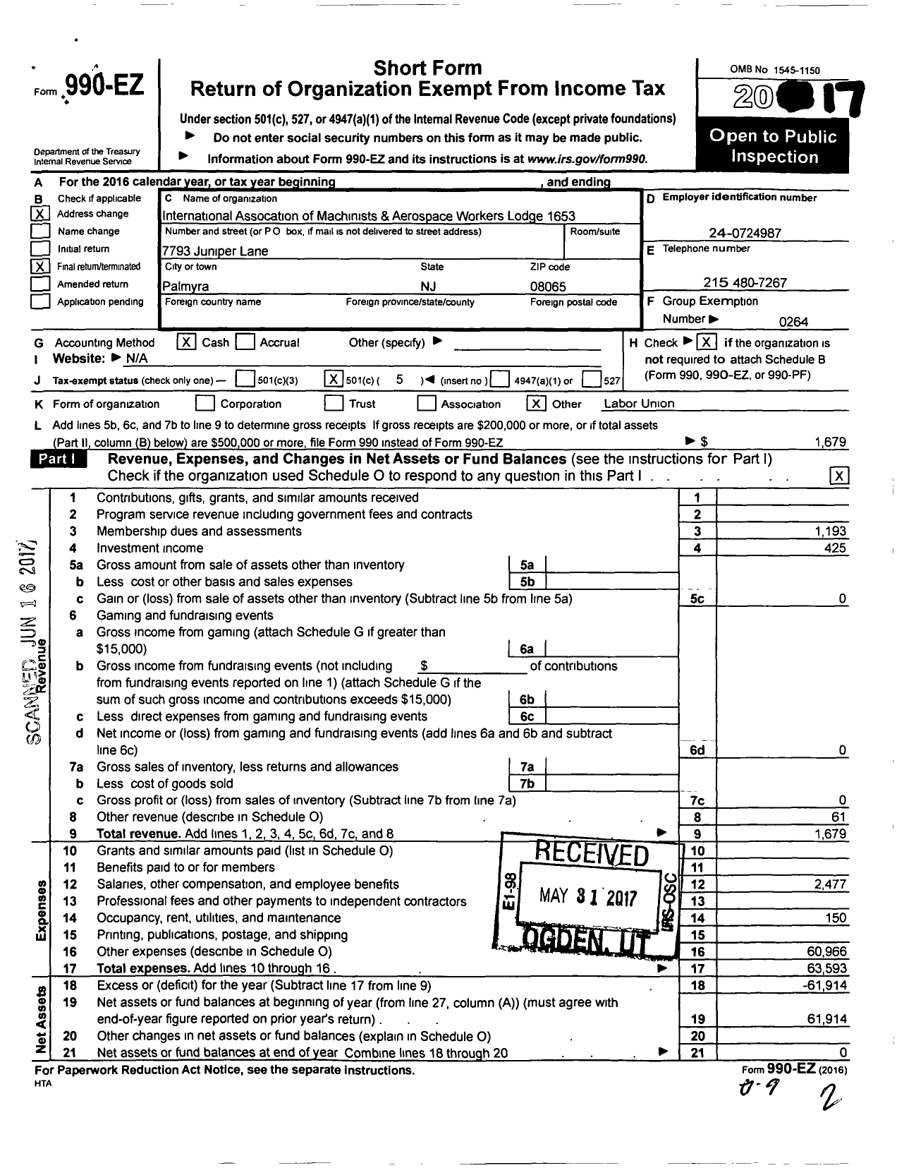 Image of first page of 2017 Form 990EO for International Association of Machinists and Aerospace Workers - 1653