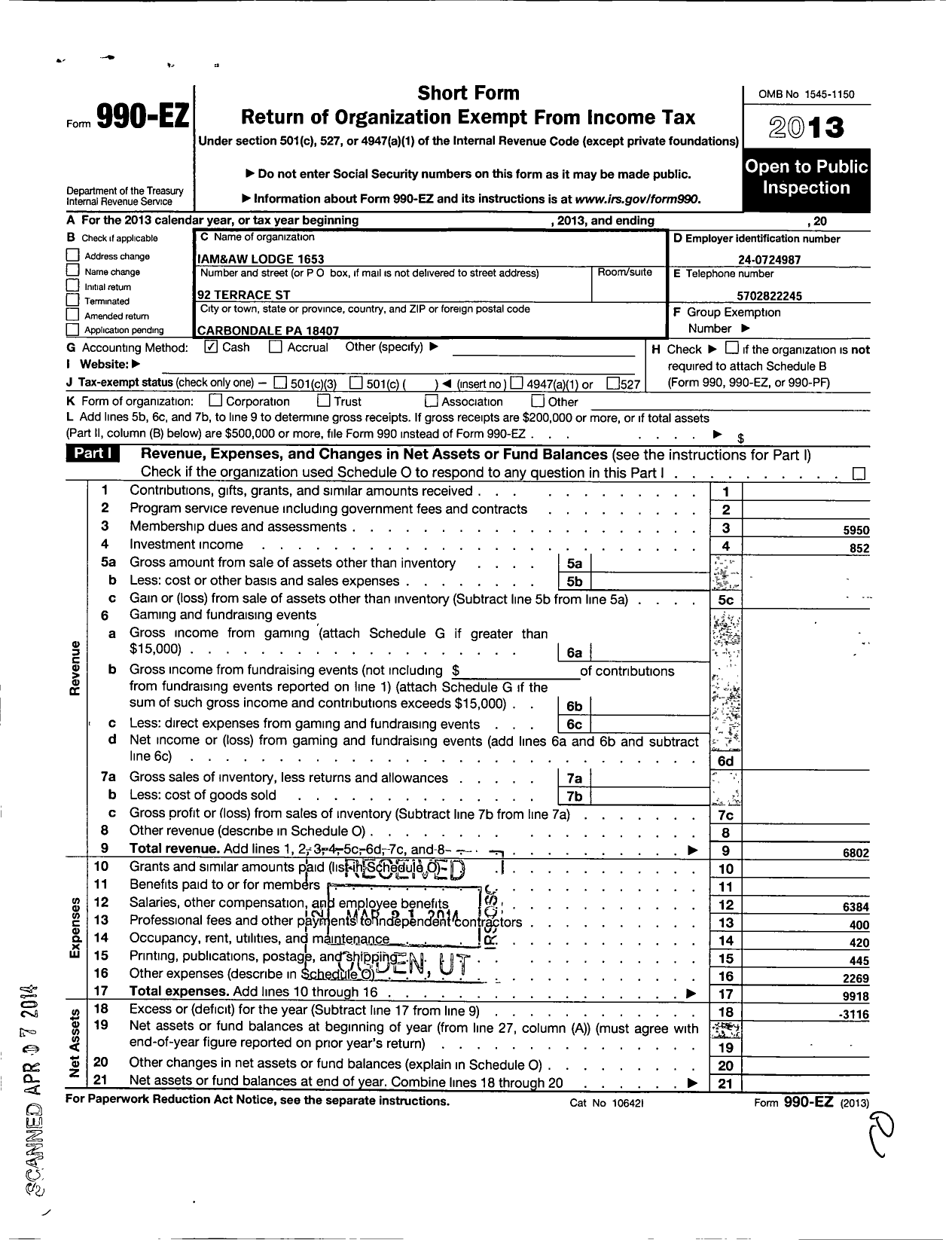 Image of first page of 2013 Form 990EO for International Association of Machinists and Aerospace Workers - 1653