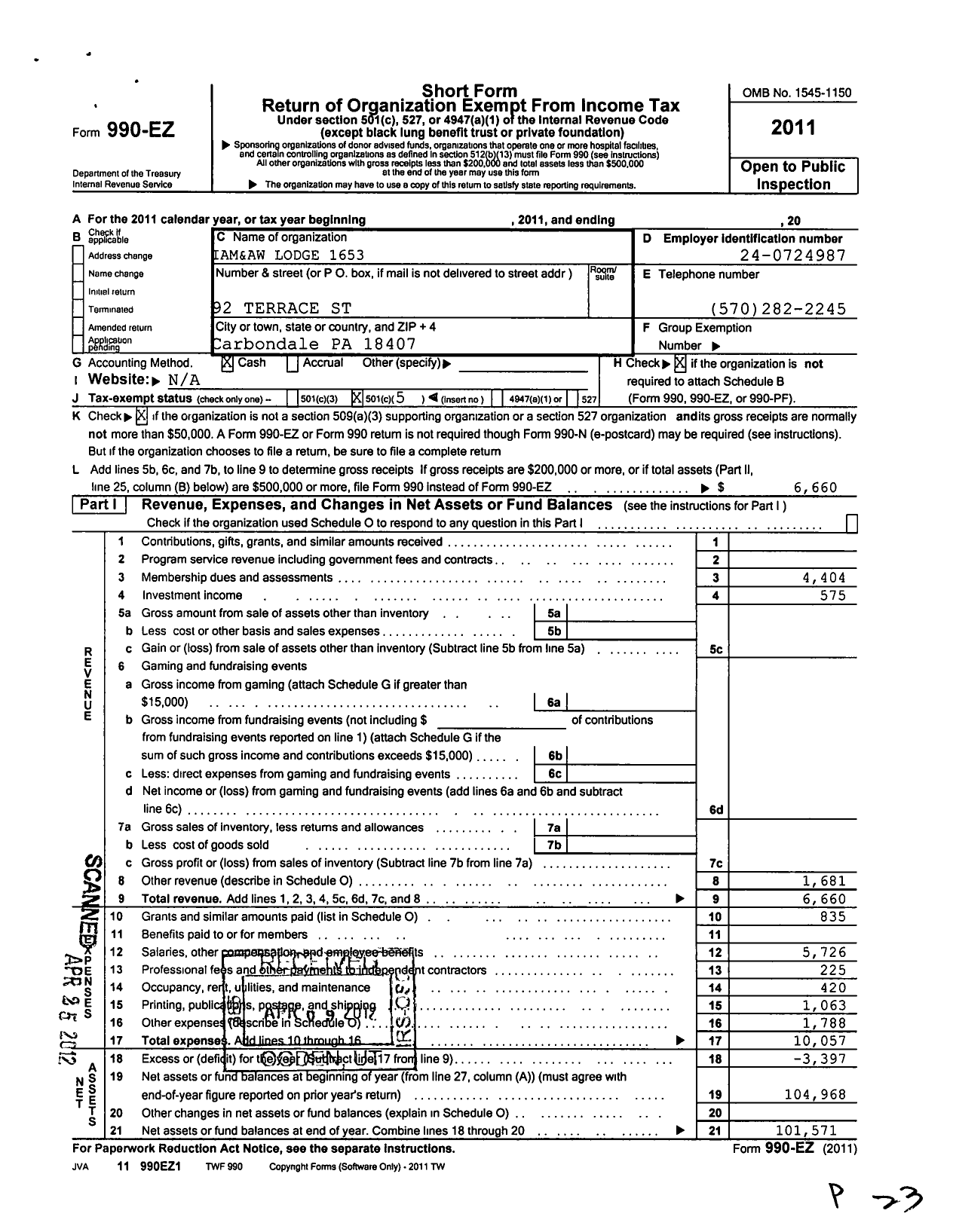 Image of first page of 2011 Form 990EO for International Association of Machinists and Aerospace Workers - 1653