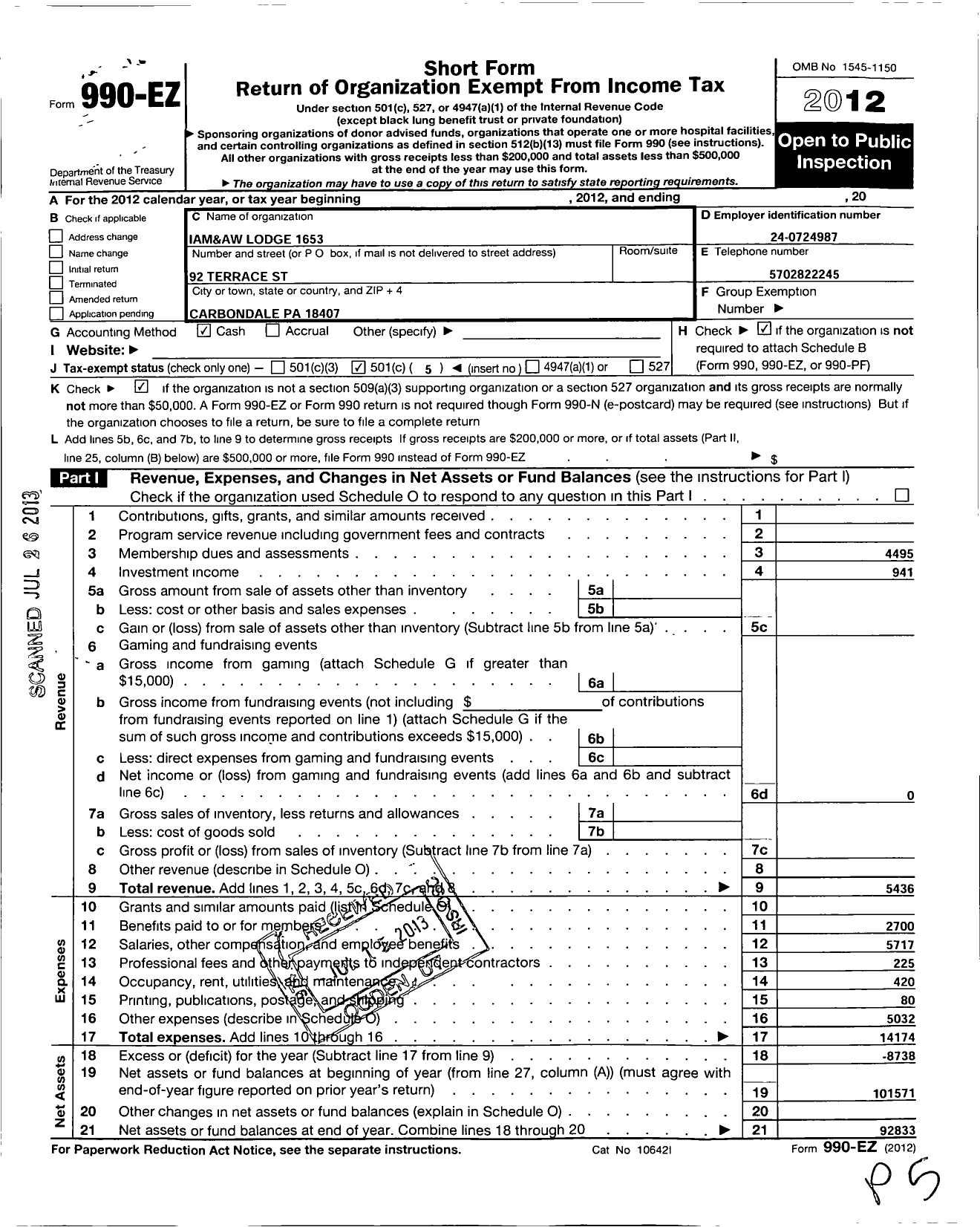 Image of first page of 2012 Form 990EO for International Association of Machinists and Aerospace Workers - 1653