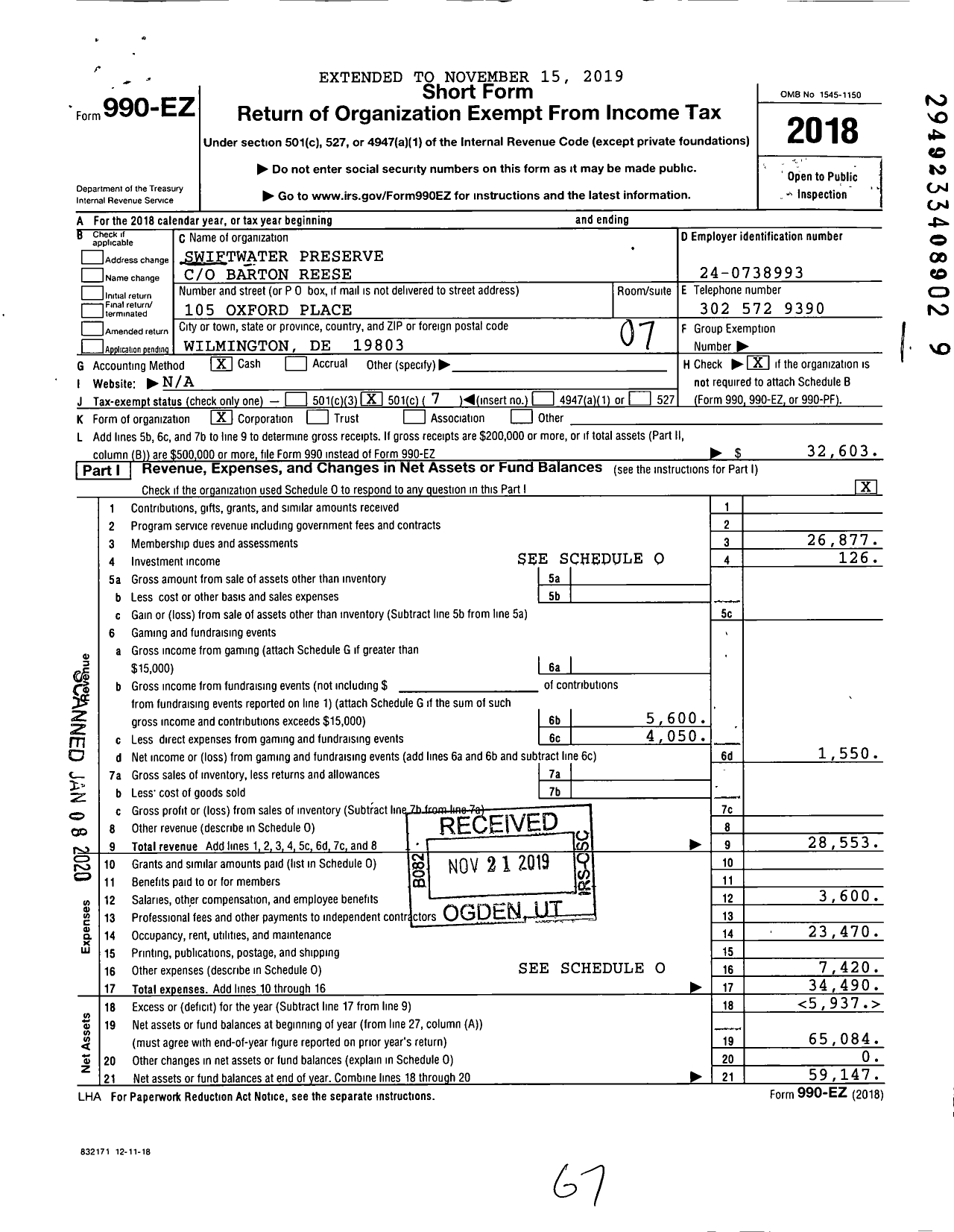 Image of first page of 2018 Form 990EO for Swiftwater Preserve