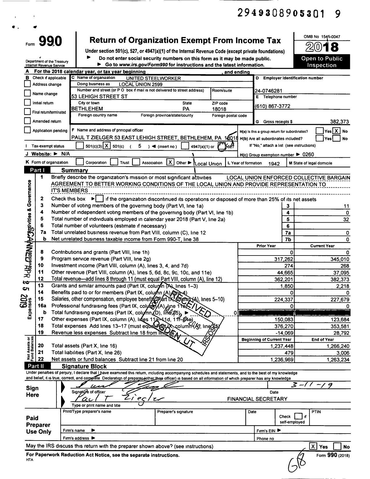 Image of first page of 2018 Form 990O for United Steelworkers