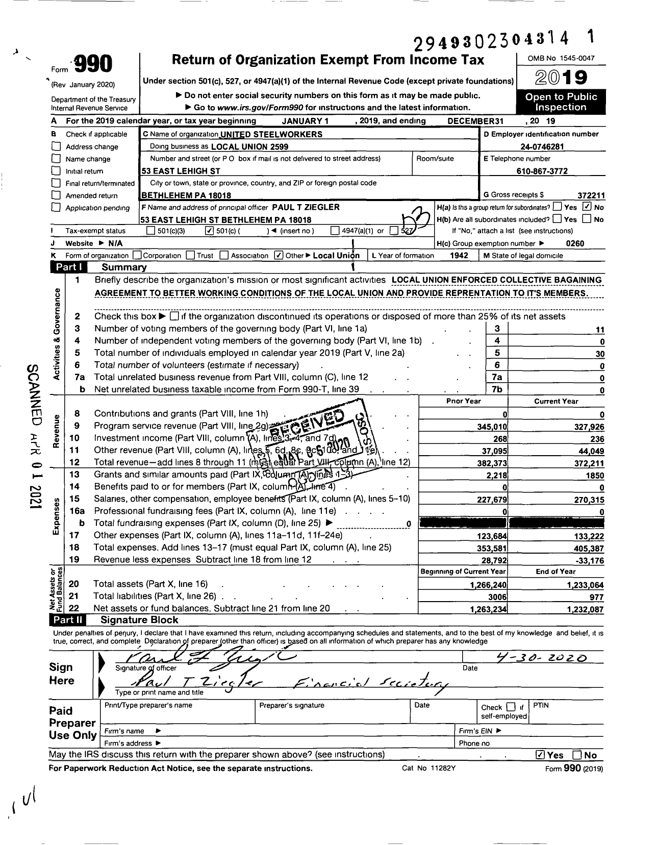 Image of first page of 2019 Form 990 for United Steelworkers
