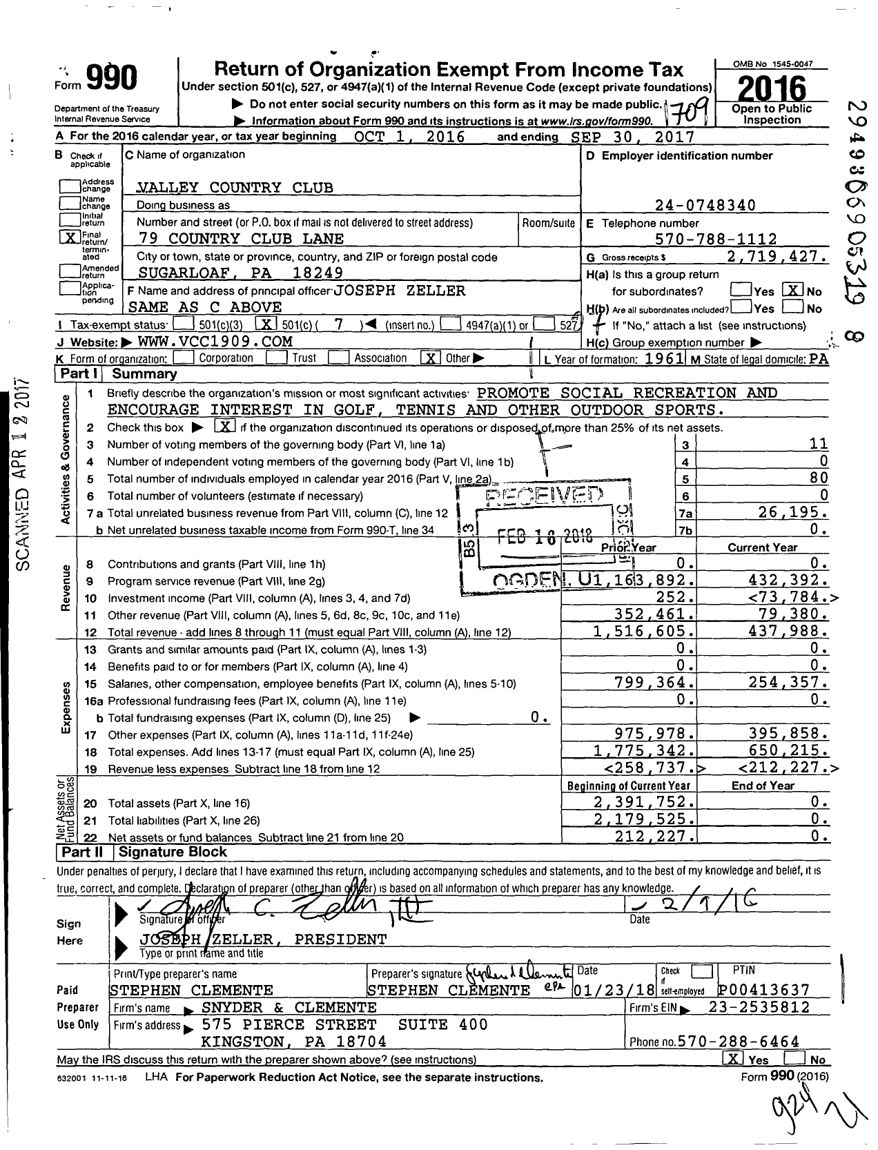 Image of first page of 2016 Form 990O for Valley Country Club