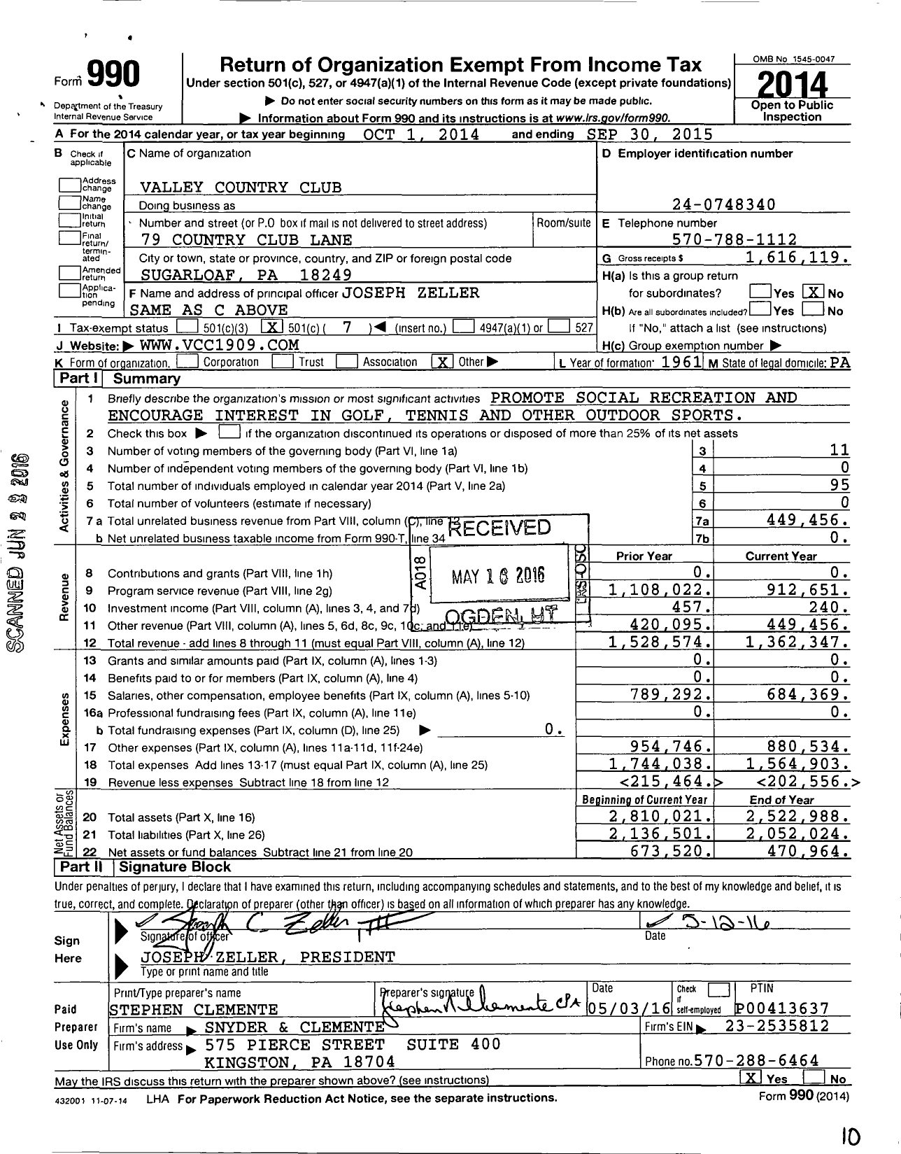 Image of first page of 2014 Form 990O for Valley Country Club