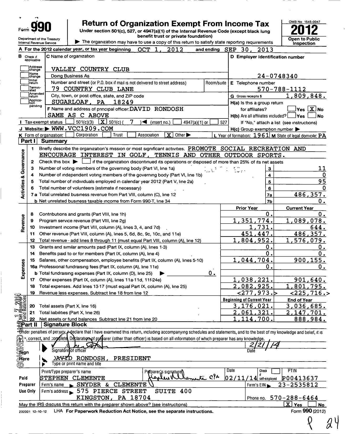 Image of first page of 2012 Form 990O for Valley Country Club