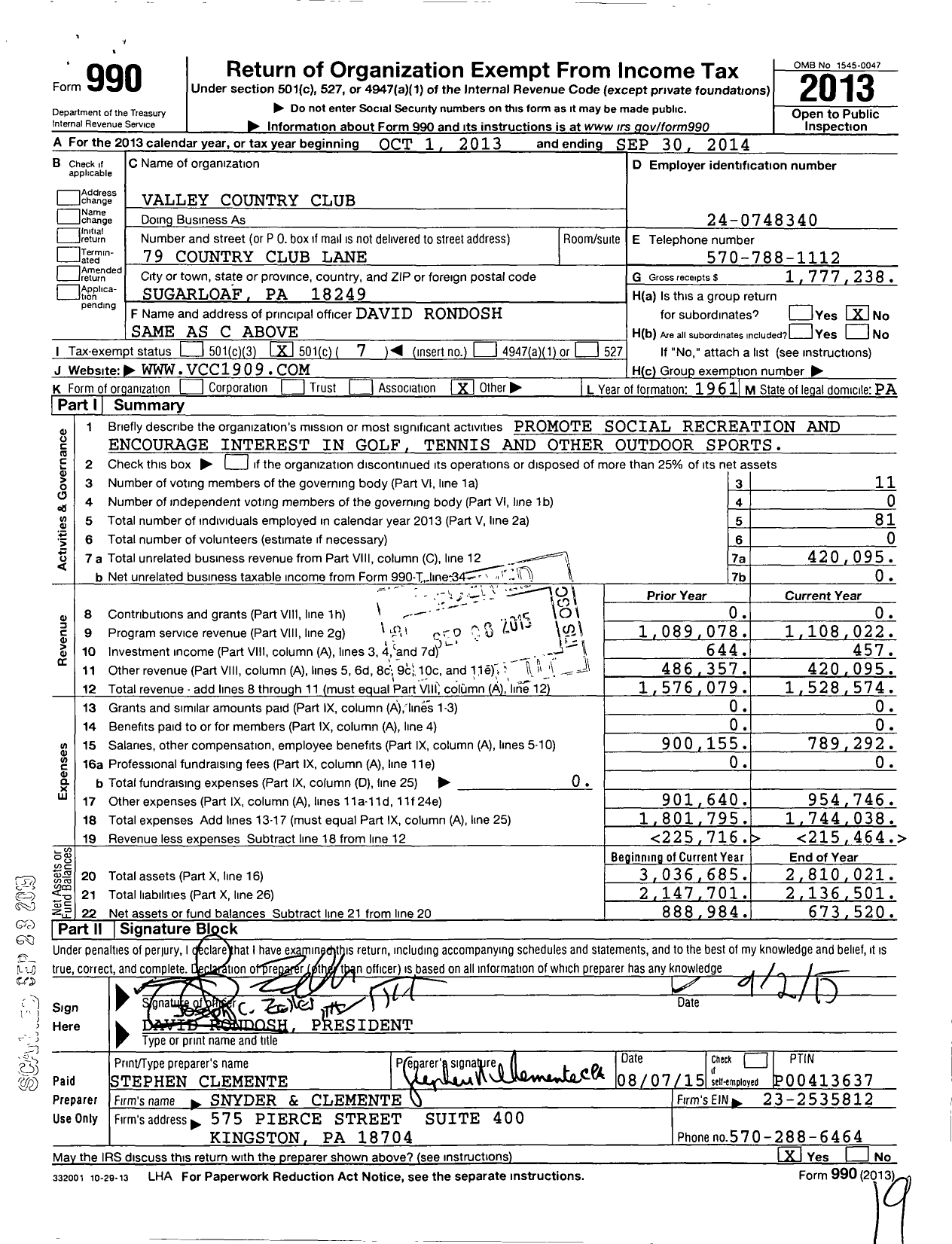 Image of first page of 2013 Form 990O for Valley Country Club