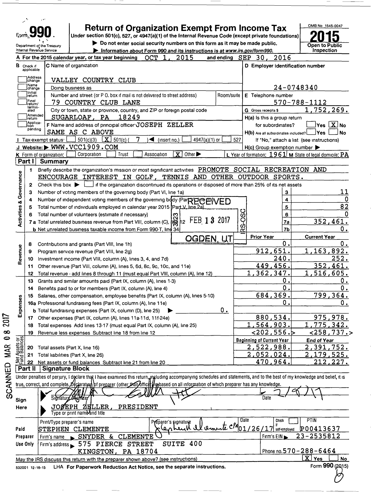 Image of first page of 2015 Form 990O for Valley Country Club