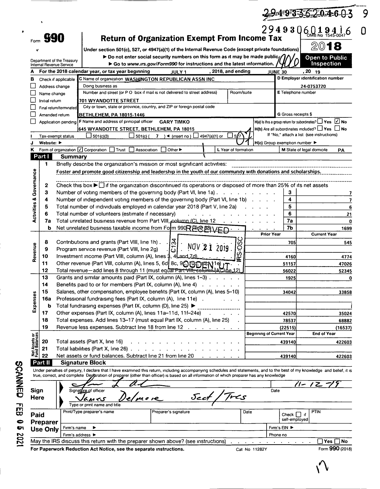 Image of first page of 2018 Form 990O for Washington Republican Association