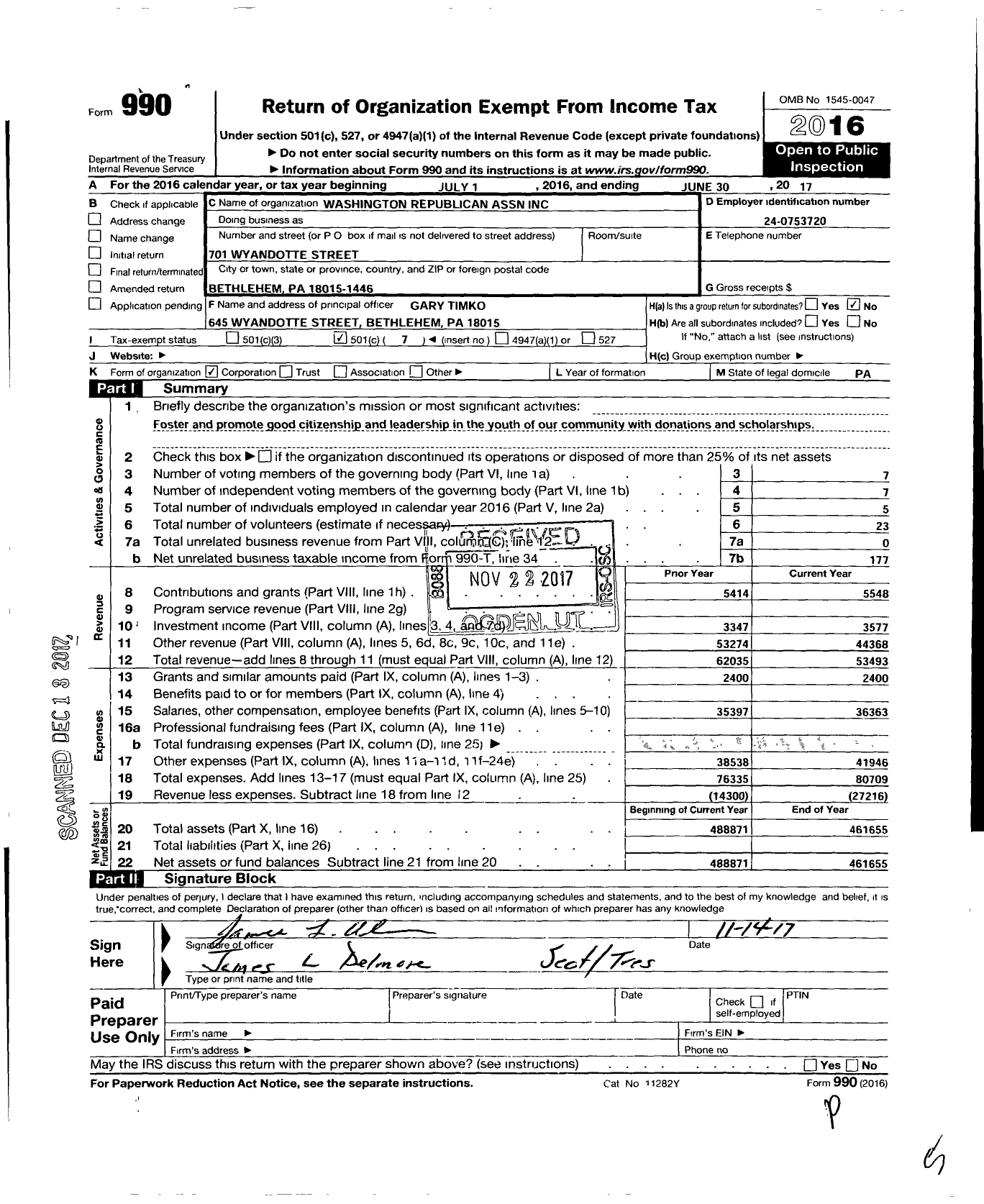 Image of first page of 2016 Form 990O for Washington Republican Association