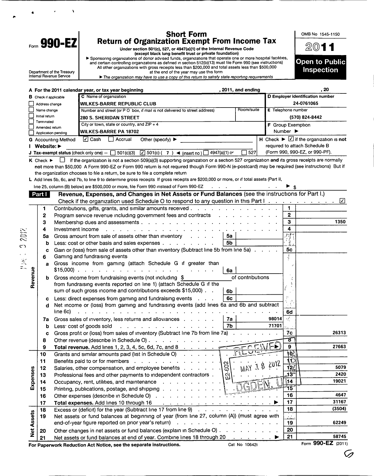 Image of first page of 2011 Form 990EO for Wilkes-Barre Republic Club