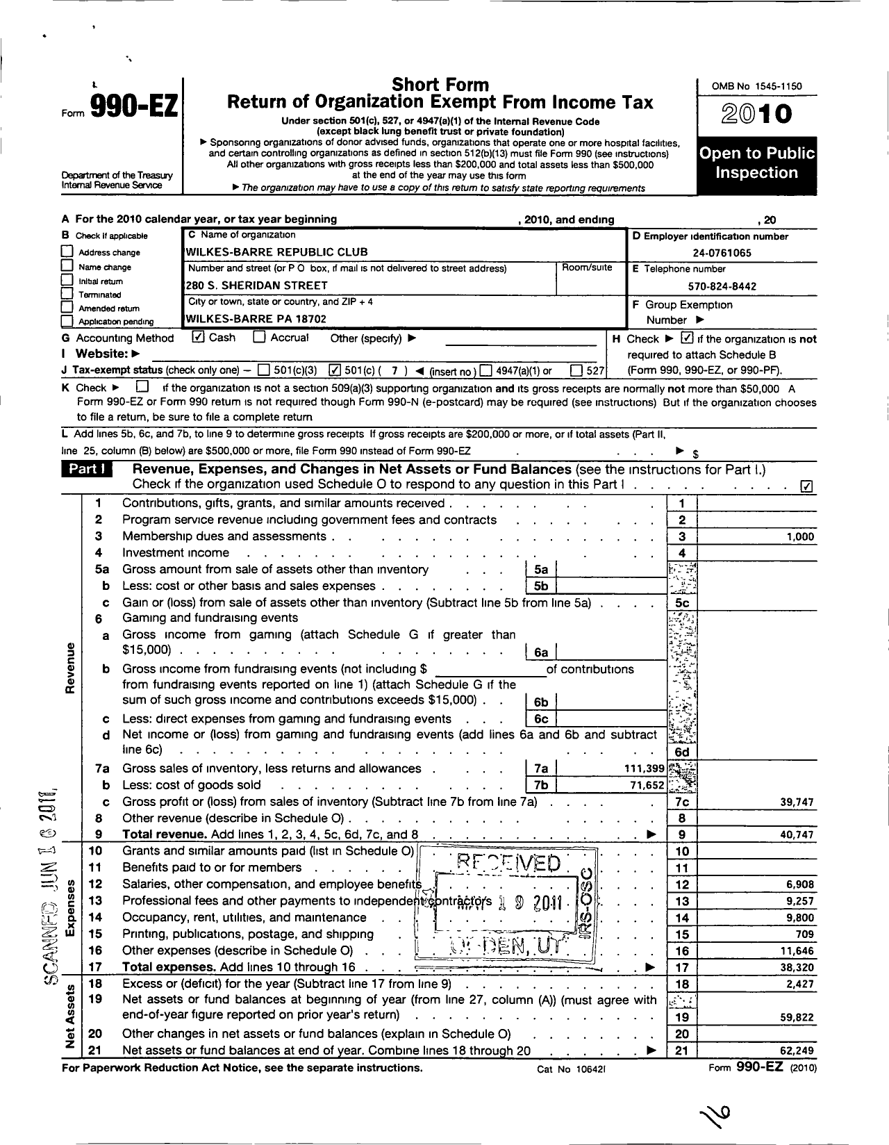 Image of first page of 2010 Form 990EO for Wilkes-Barre Republic Club