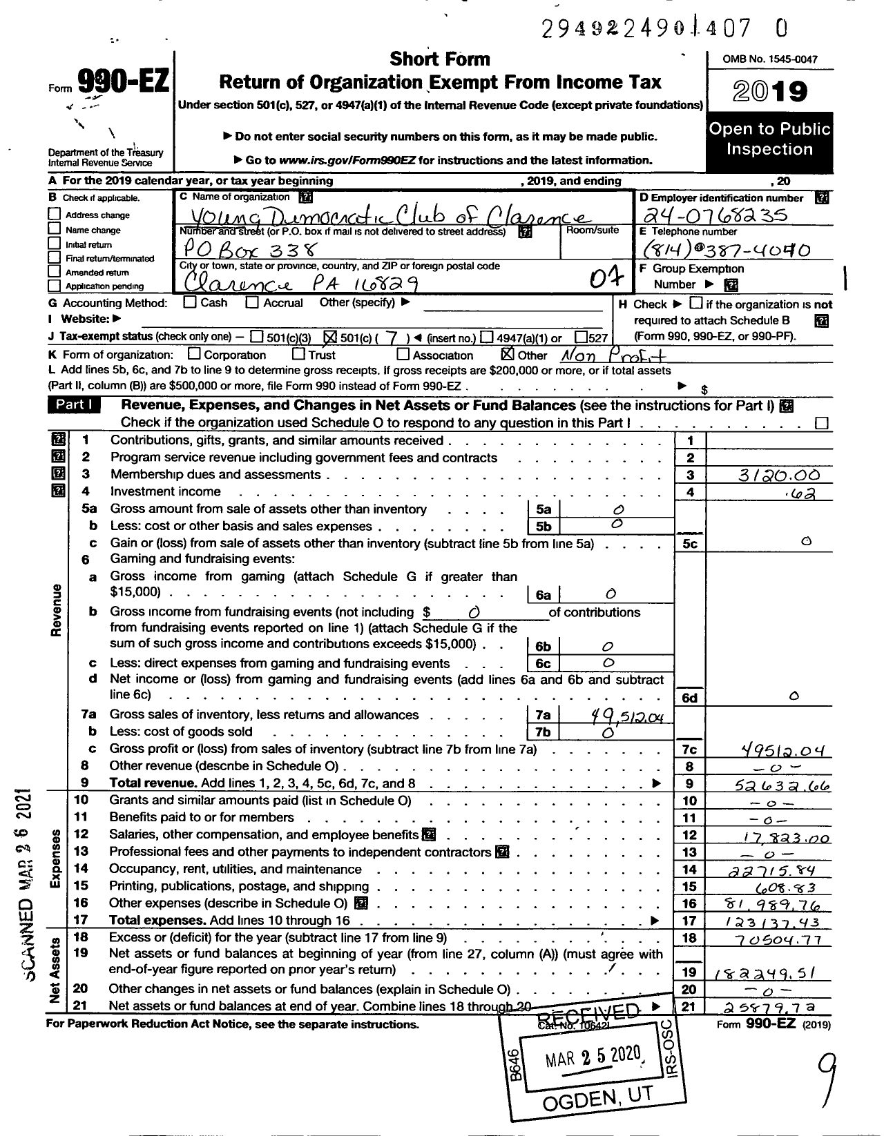 Image of first page of 2019 Form 990EO for Young Democratic Club of Clarence