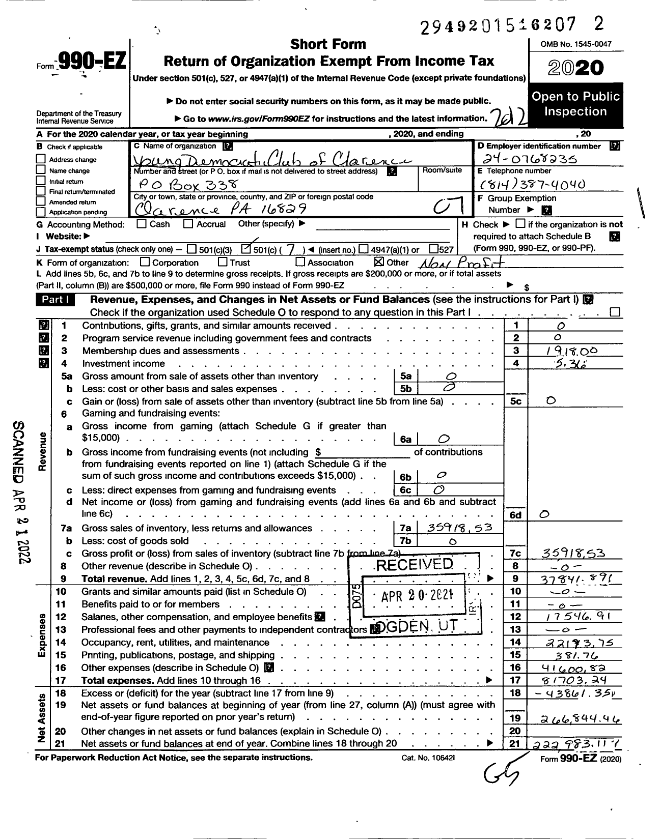 Image of first page of 2020 Form 990EO for Young Democratic Club of Clarence