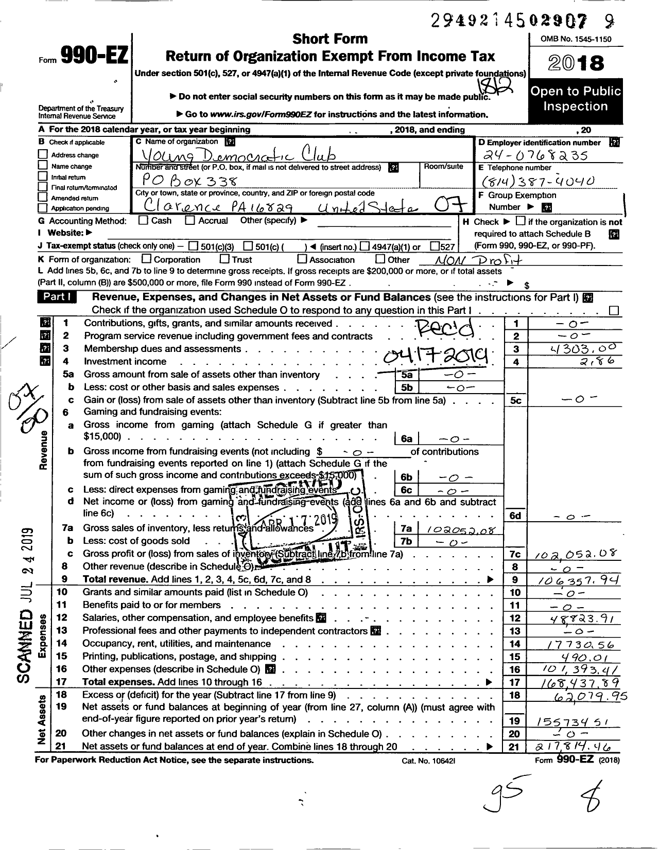 Image of first page of 2018 Form 990EO for Young Democratic Club of Clarence