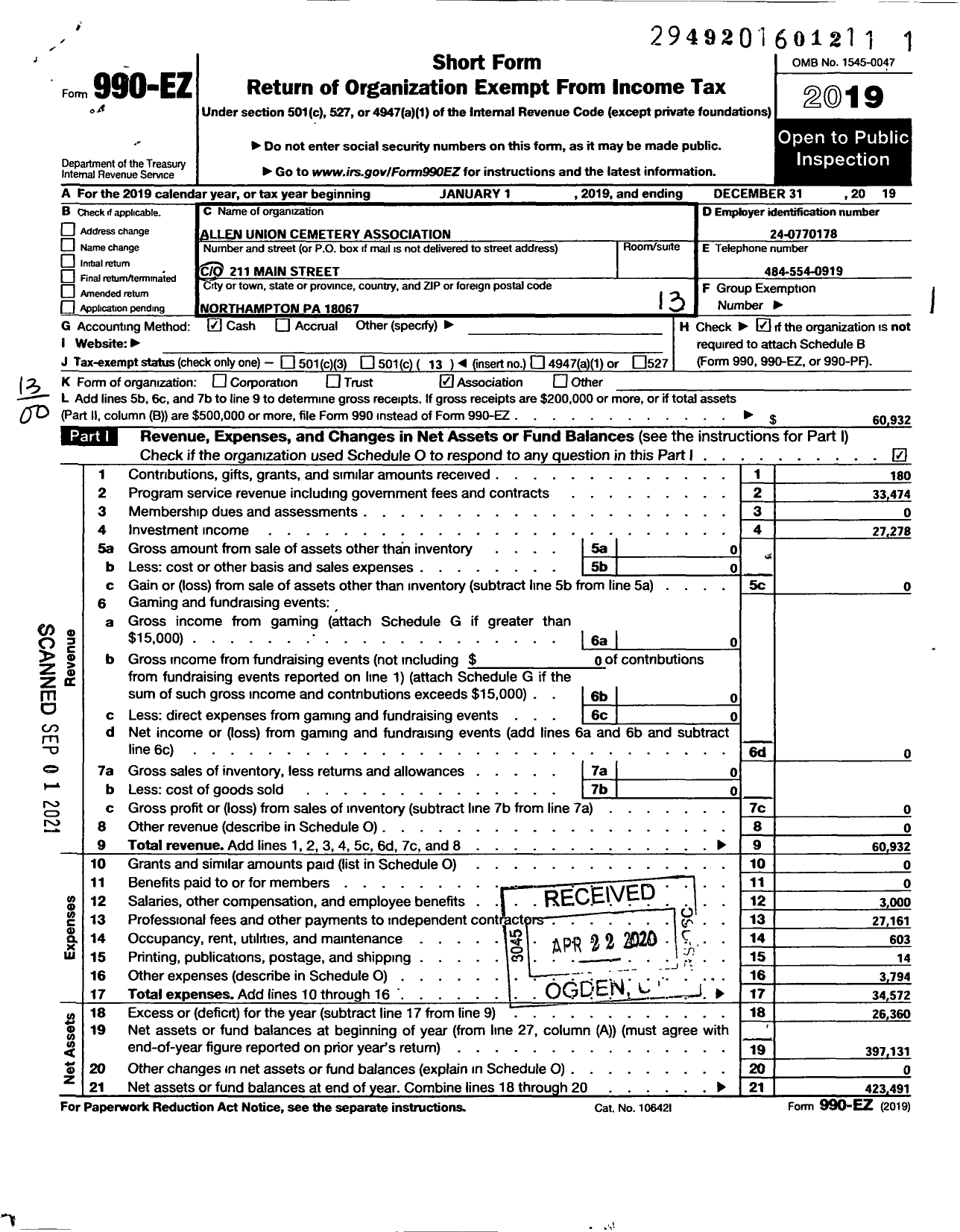 Image of first page of 2019 Form 990EO for Allen Union Cemetary Association