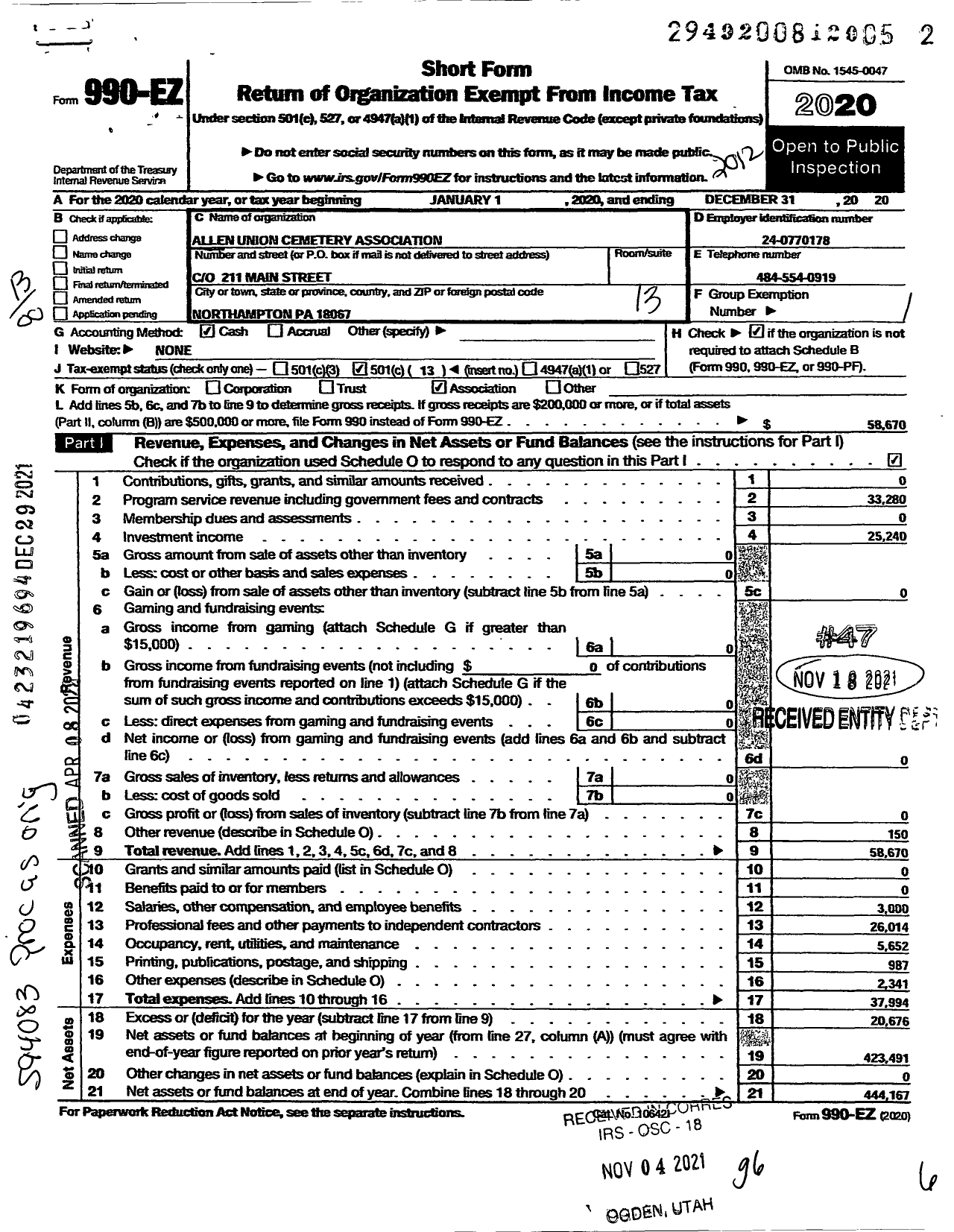 Image of first page of 2020 Form 990EO for Allen Union Cemetary Association