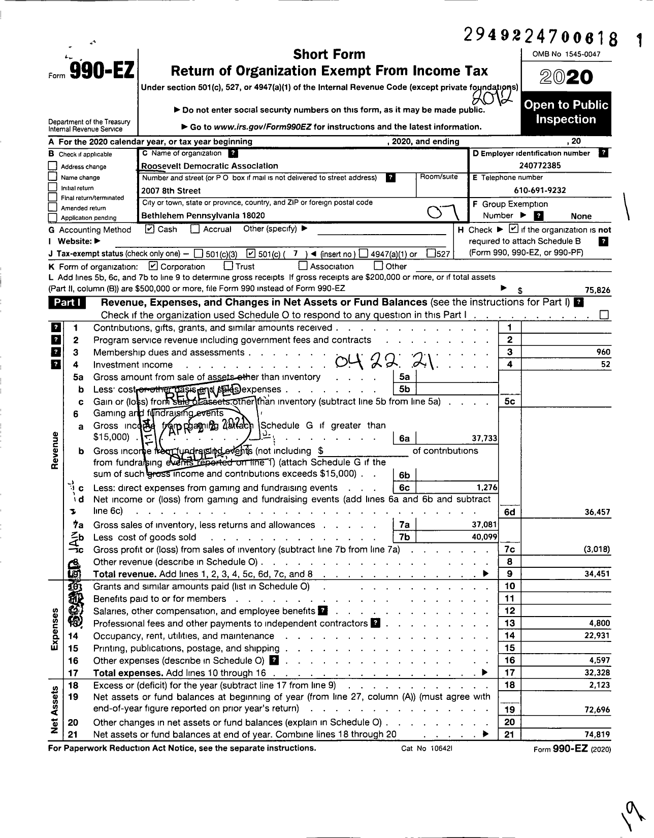 Image of first page of 2020 Form 990EO for Roosevelt Democratic Association of Bethlehem Township