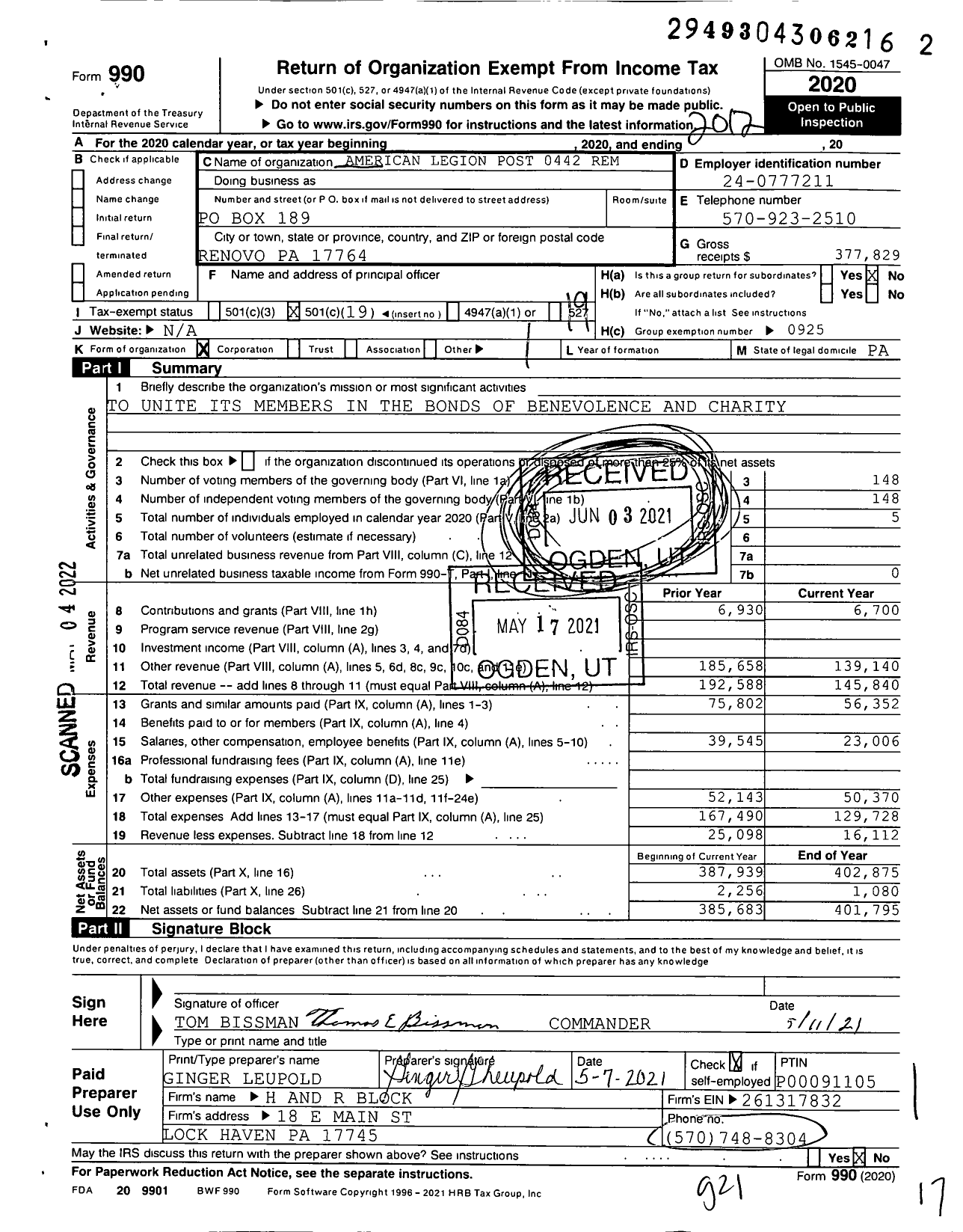 Image of first page of 2020 Form 990O for American Legion - 0442 Remembrance Post PA