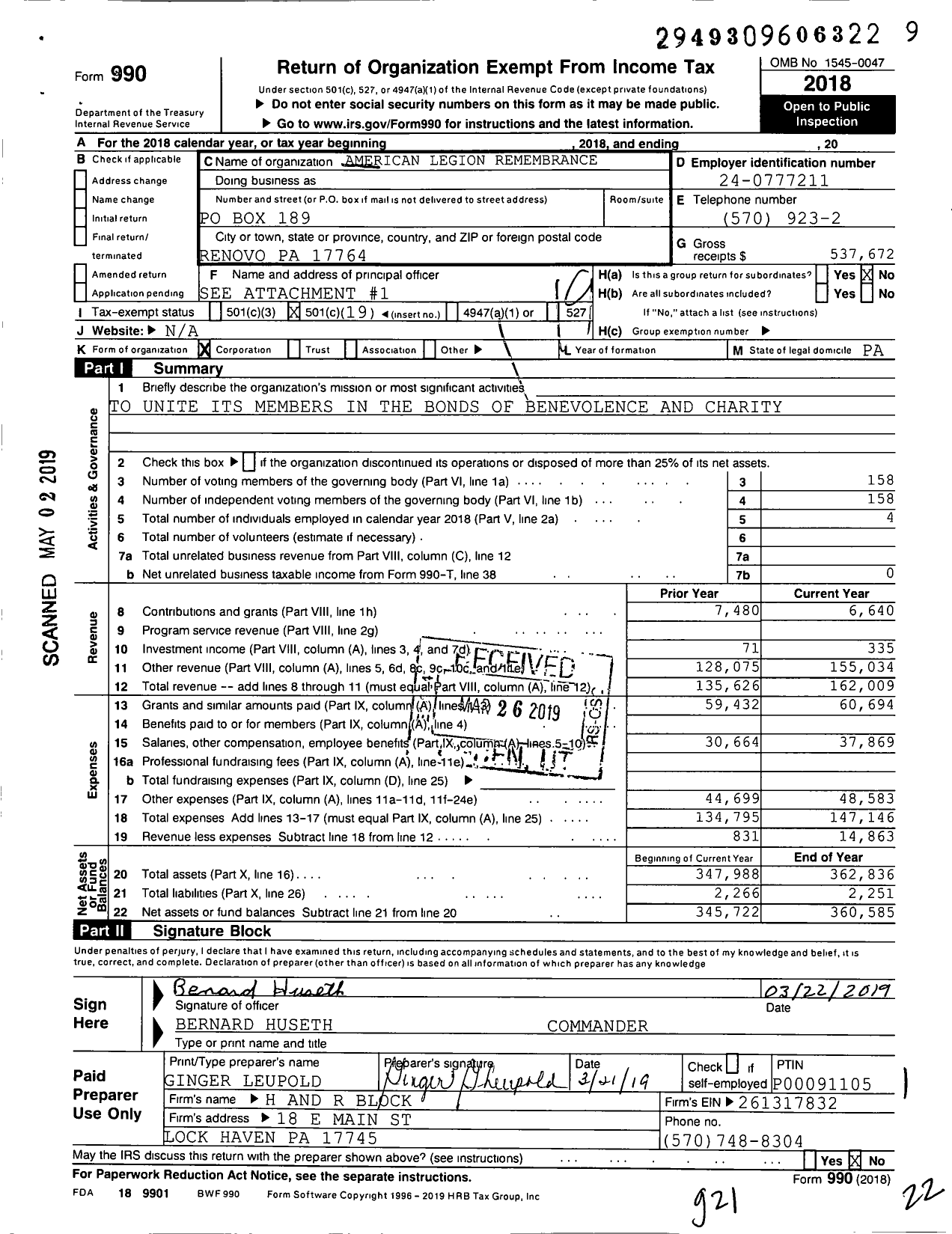 Image of first page of 2018 Form 990O for American Legion - 0442 Remembrance Post PA