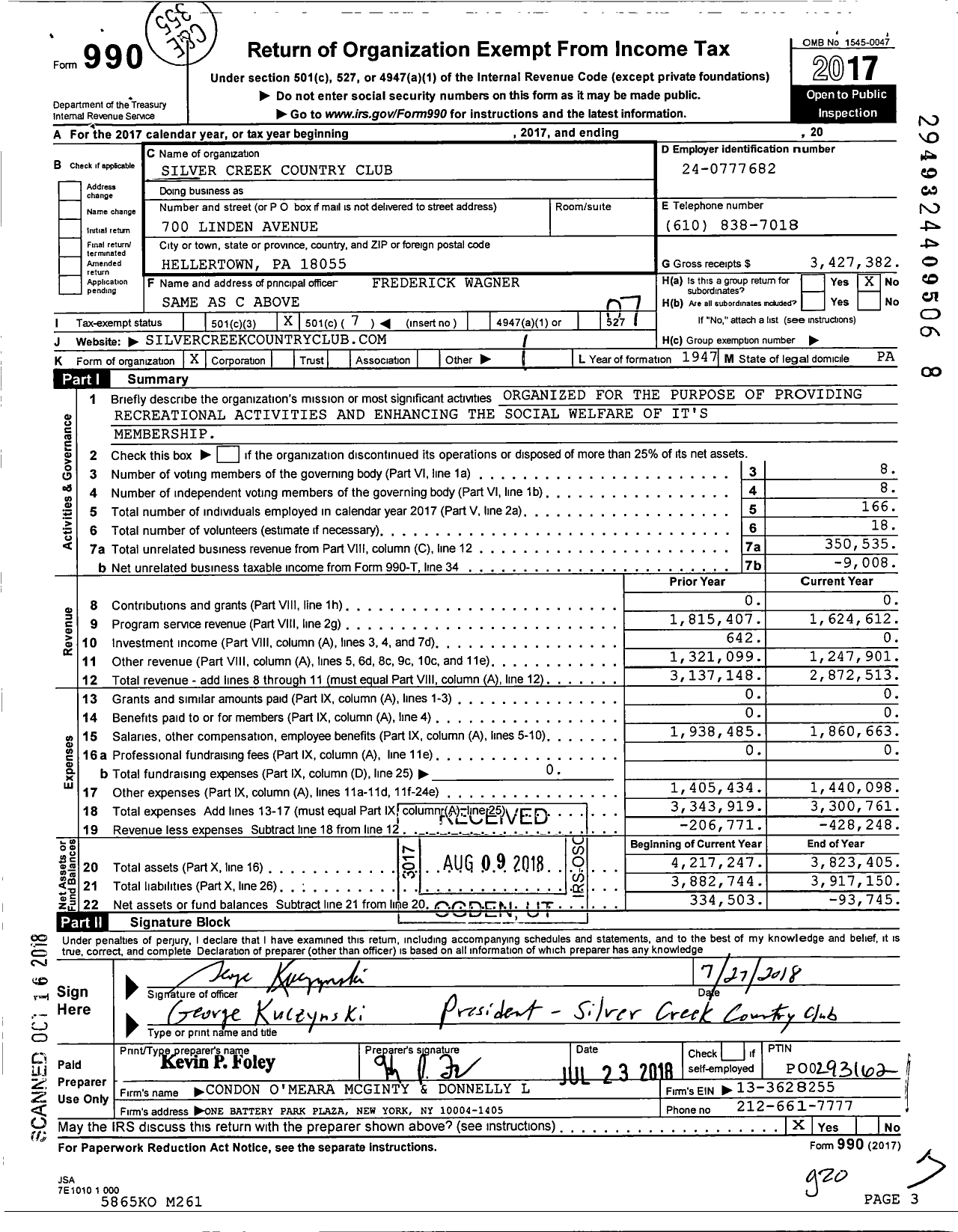 Image of first page of 2017 Form 990O for Silver Creek Country Club