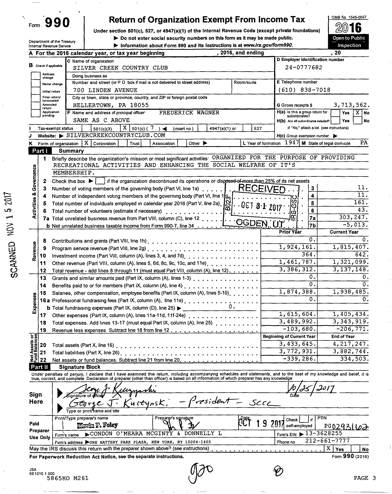 Image of first page of 2016 Form 990O for Silver Creek Country Club