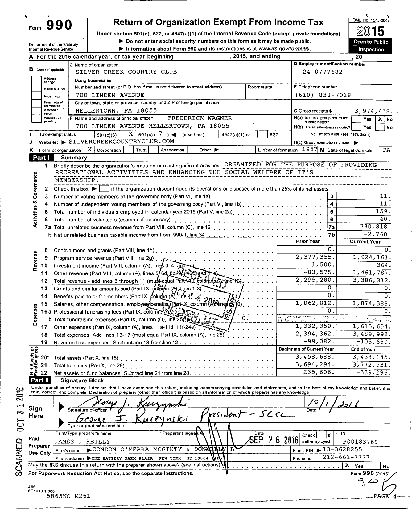 Image of first page of 2015 Form 990O for Silver Creek Country Club