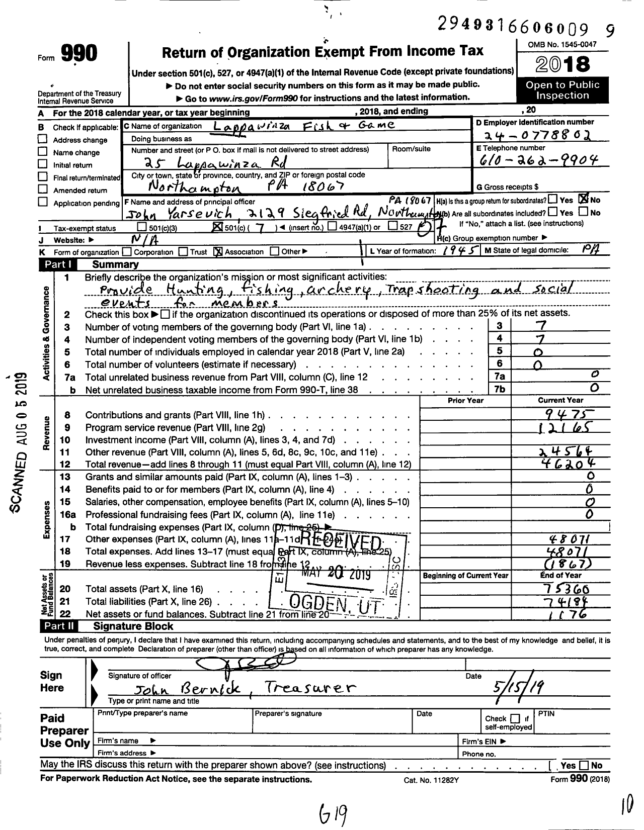 Image of first page of 2018 Form 990O for Lappawinzo Fish and Game Protective Association