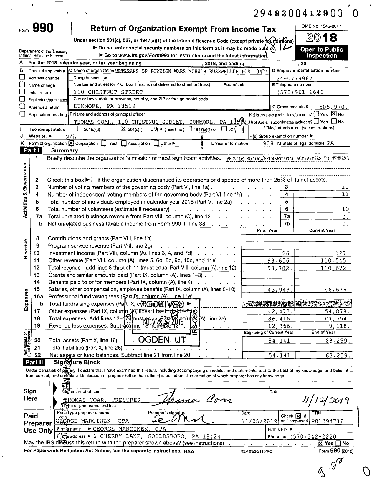 Image of first page of 2018 Form 990O for VFW Department of Pennsylvania - 3474 Mchugh Bushweller Post VFW