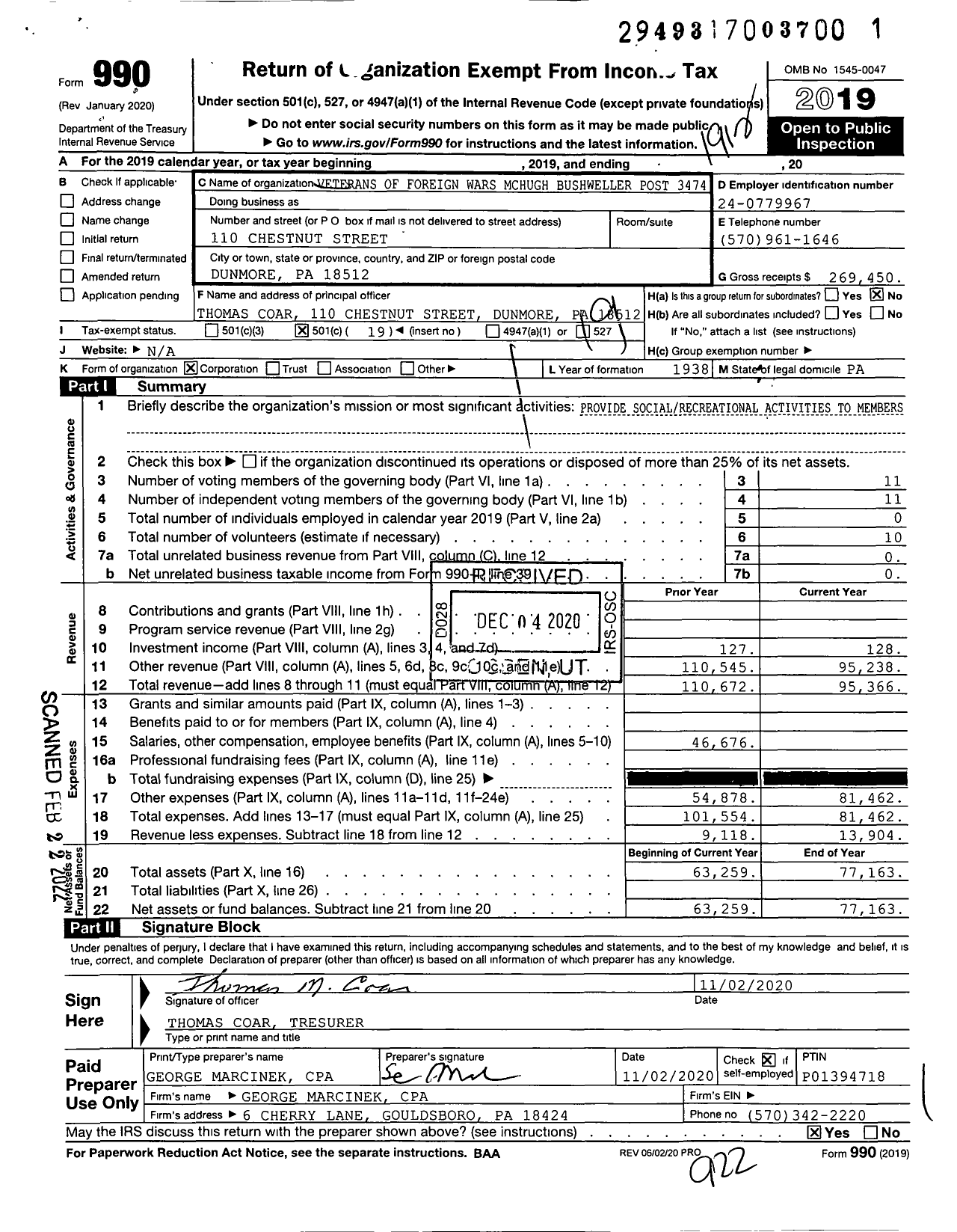 Image of first page of 2019 Form 990O for VFW Department of Pennsylvania - 3474 Mchugh Bushweller Post VFW