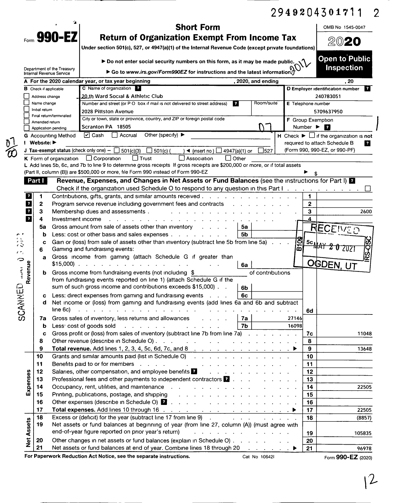 Image of first page of 2020 Form 990EO for 20th Ward Social and Athletic Club