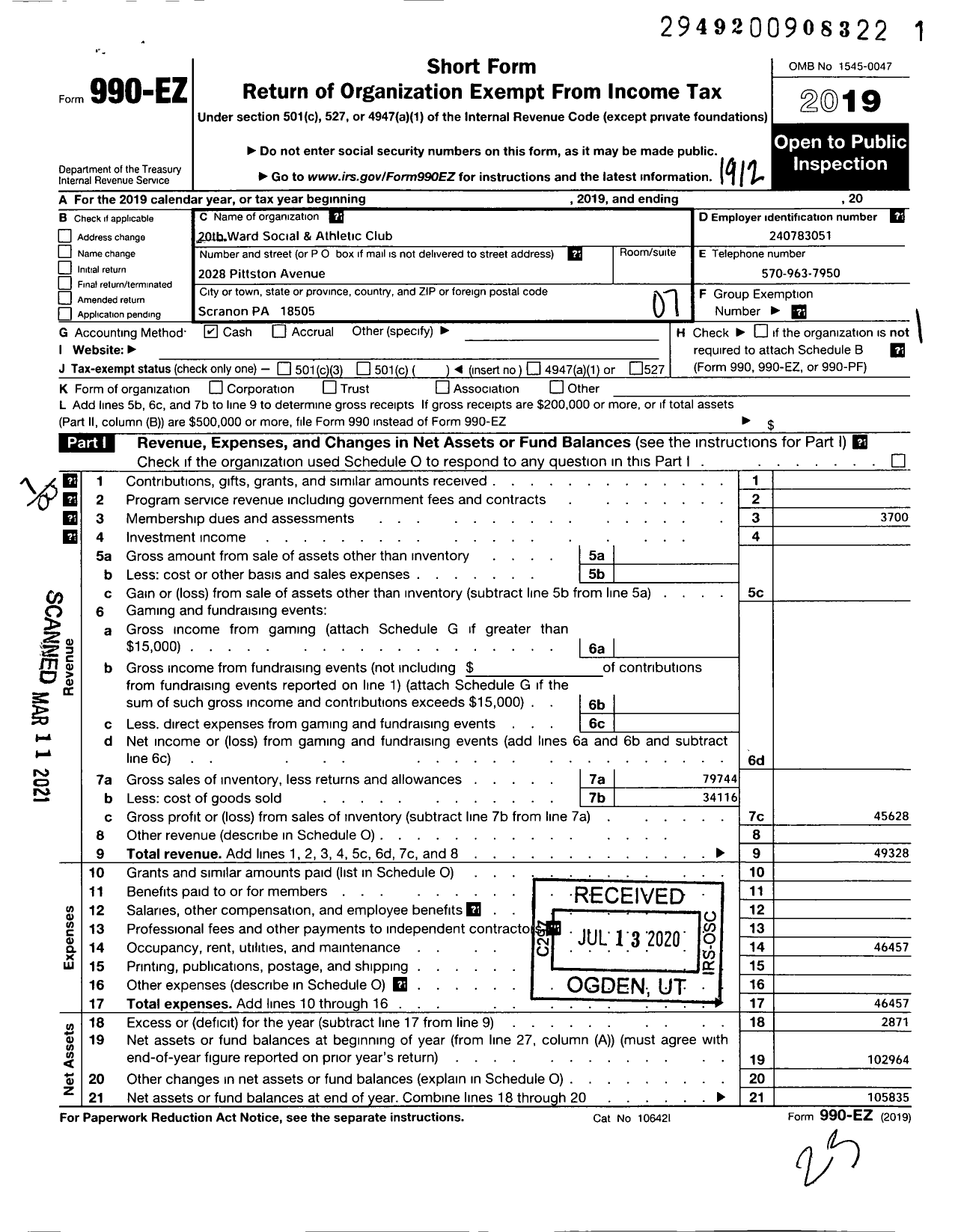 Image of first page of 2019 Form 990EO for 20th Ward Social and Athletic Club