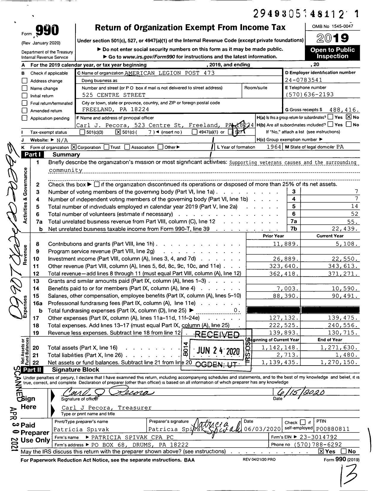 Image of first page of 2019 Form 990O for American Legion Post 473 / 473 Post