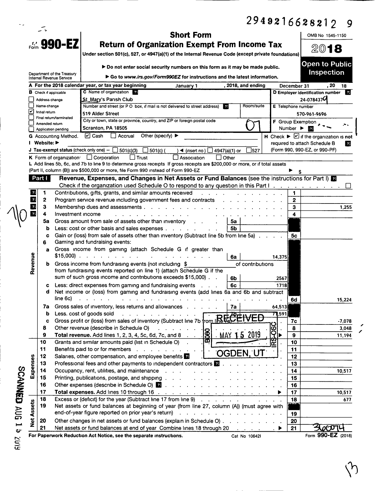 Image of first page of 2018 Form 990EO for St Marys Parish Club