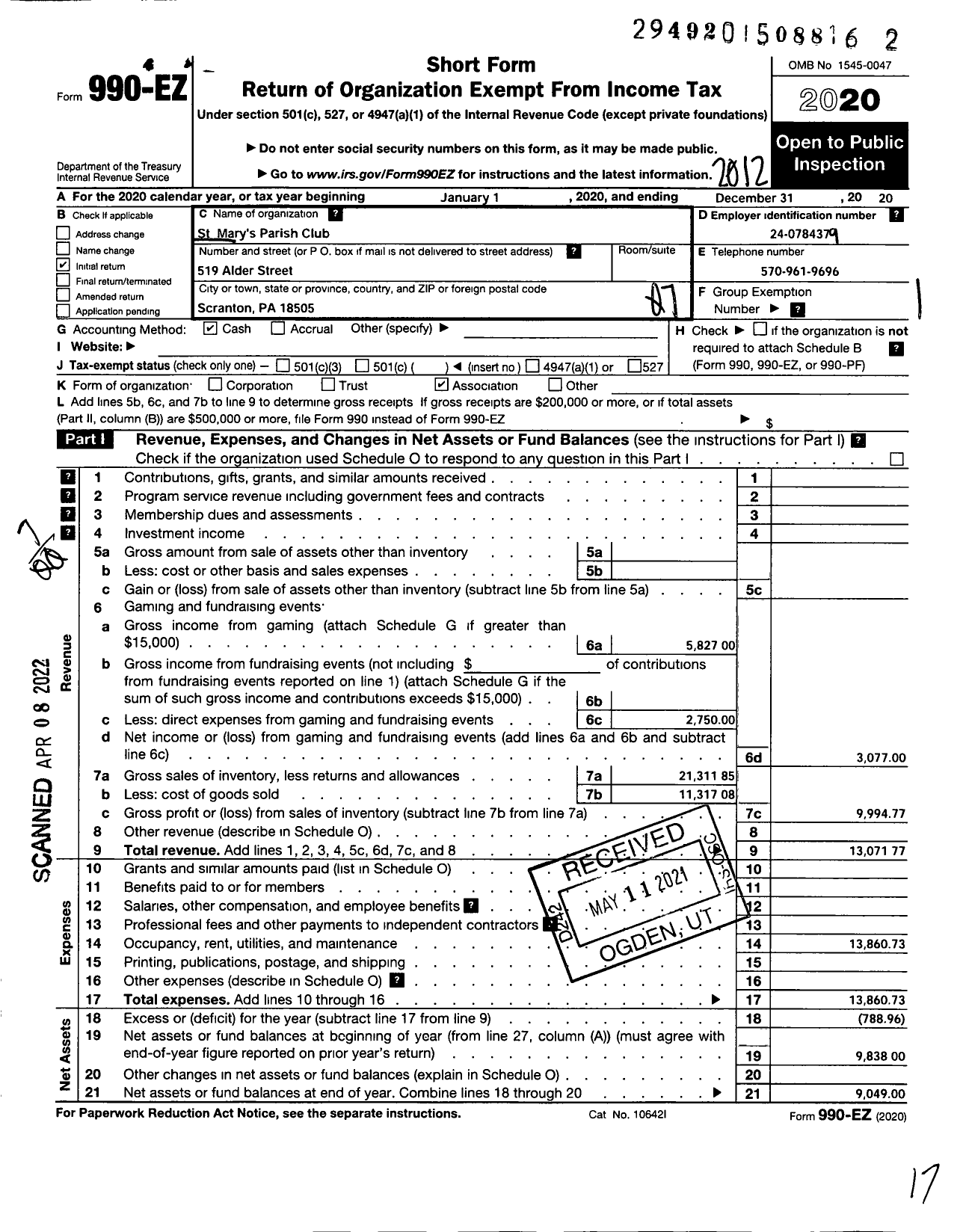 Image of first page of 2020 Form 990EO for St Marys Parish Club