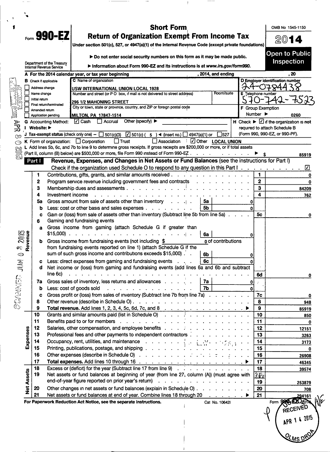 Image of first page of 2014 Form 990EO for United Steelworkers - 01928 Local