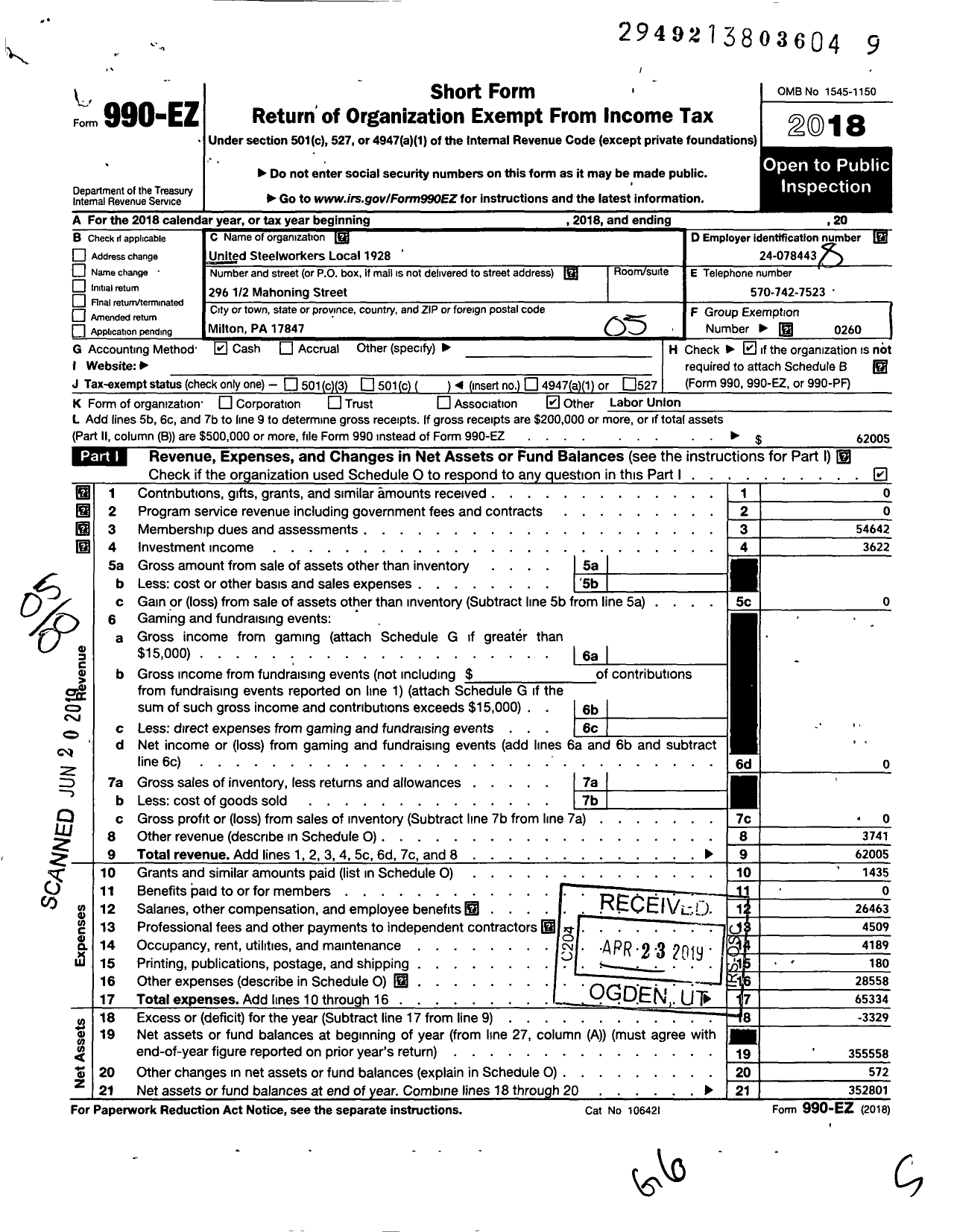 Image of first page of 2018 Form 990EO for United Steelworkers - 01928 Local