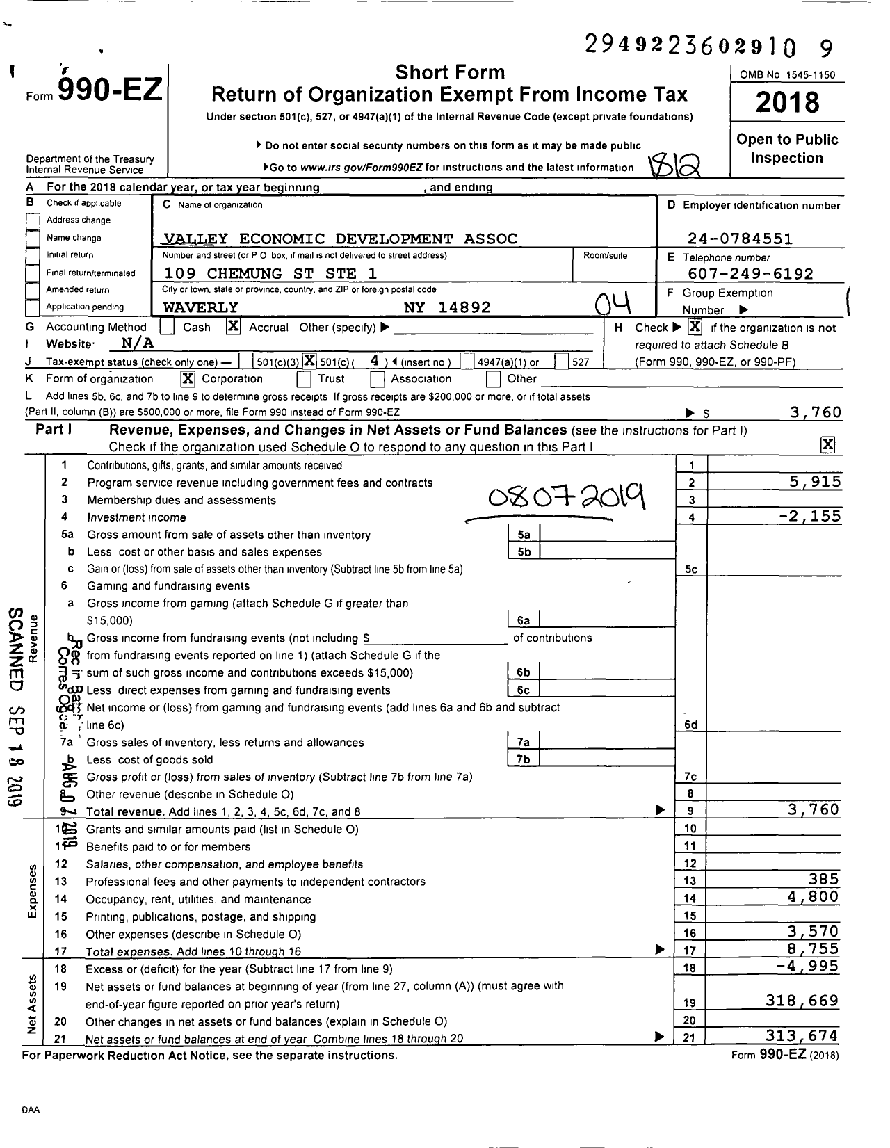 Image of first page of 2018 Form 990EO for Valley Economic Development Association