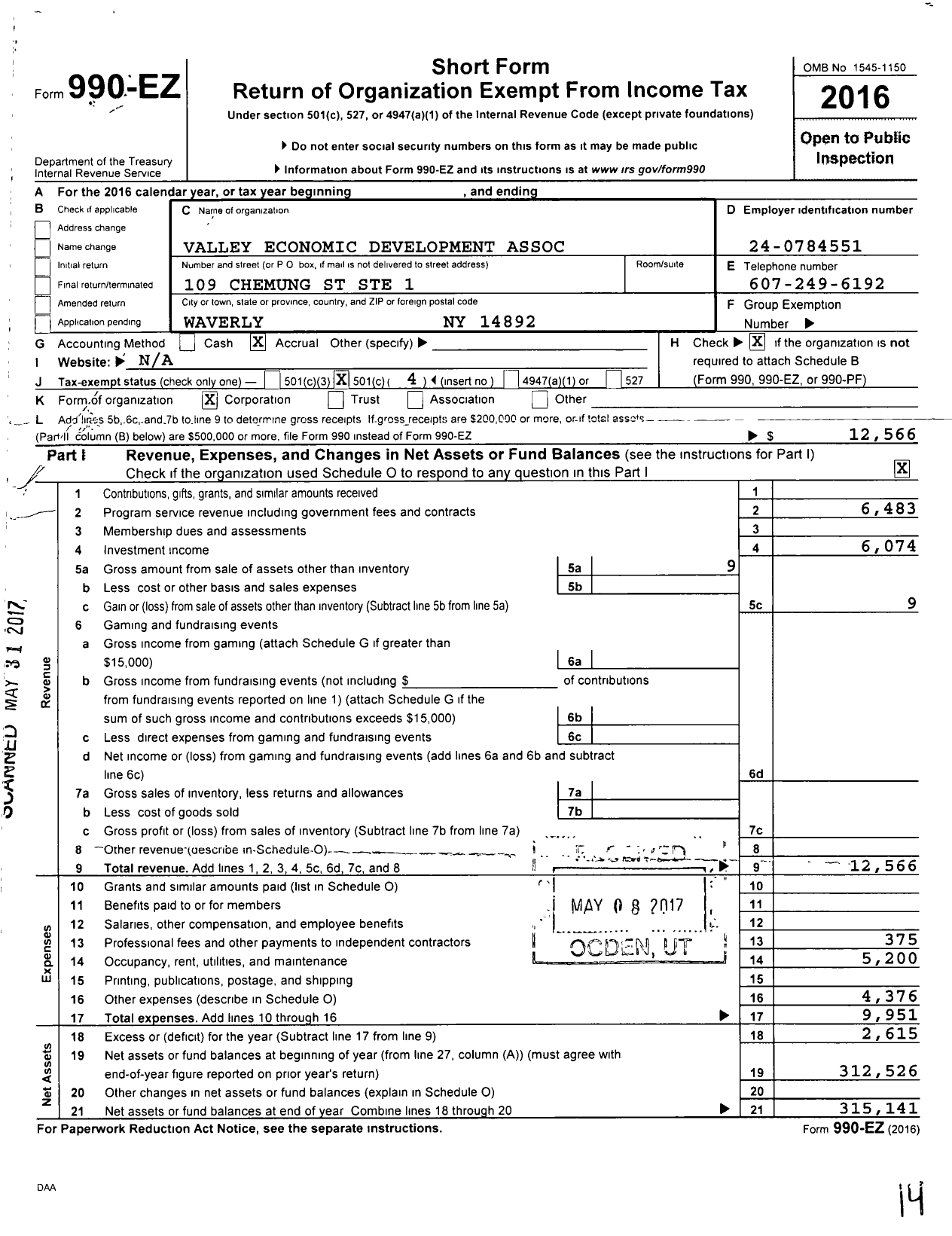 Image of first page of 2016 Form 990EO for Valley Economic Development Association