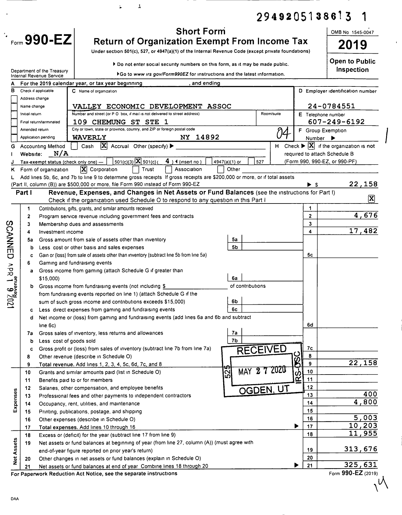 Image of first page of 2019 Form 990EO for Valley Economic Development Association