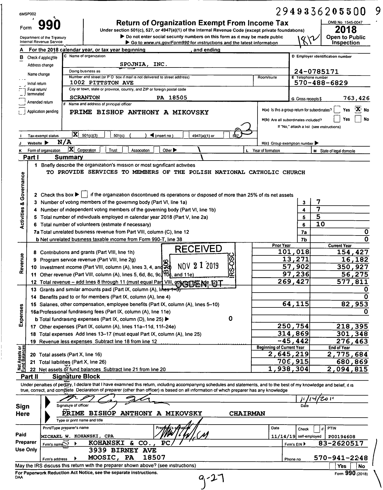 Image of first page of 2018 Form 990 for Spojnia Credit Union