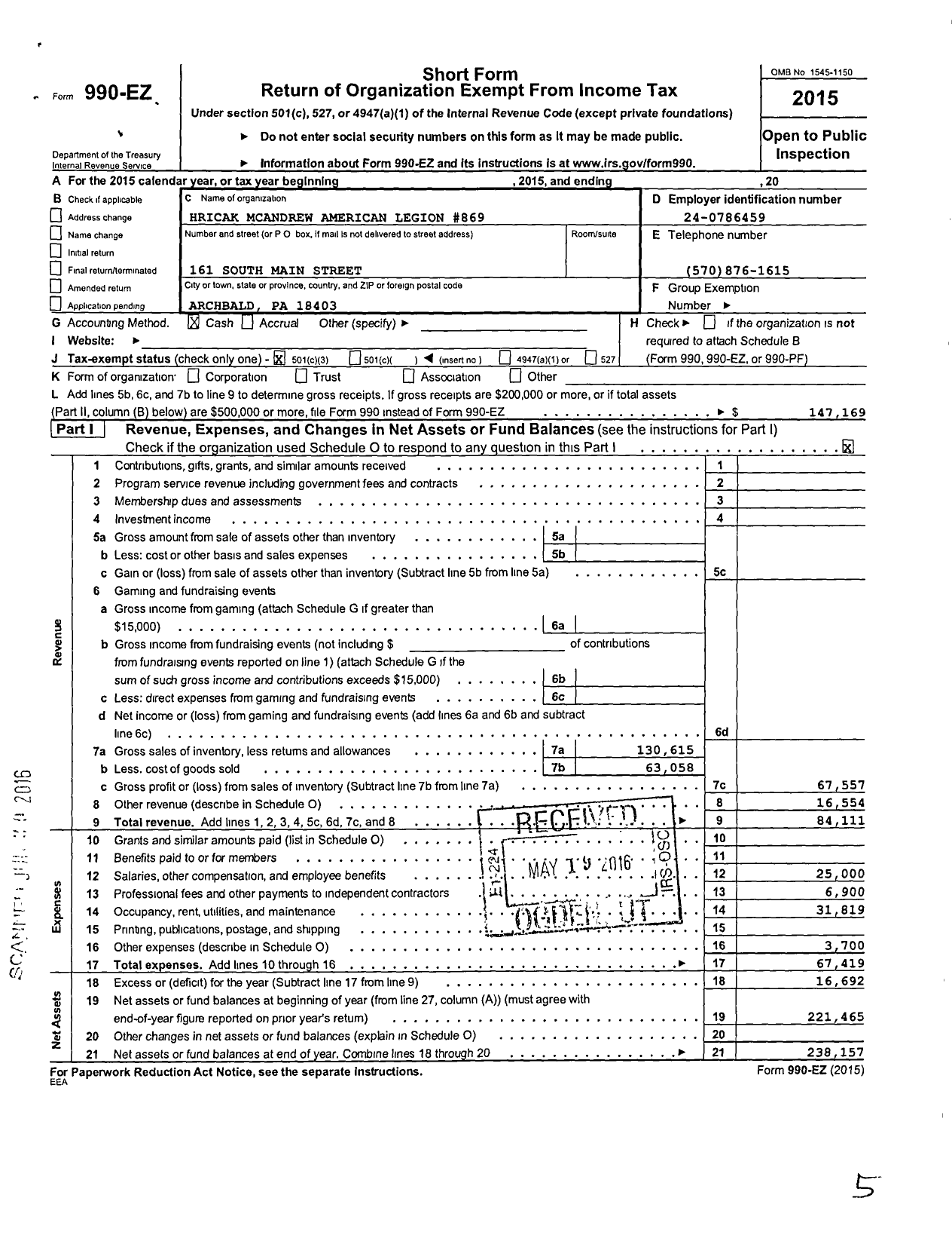 Image of first page of 2015 Form 990EZ for American Legion - 869 Hricak-Mc Andrew
