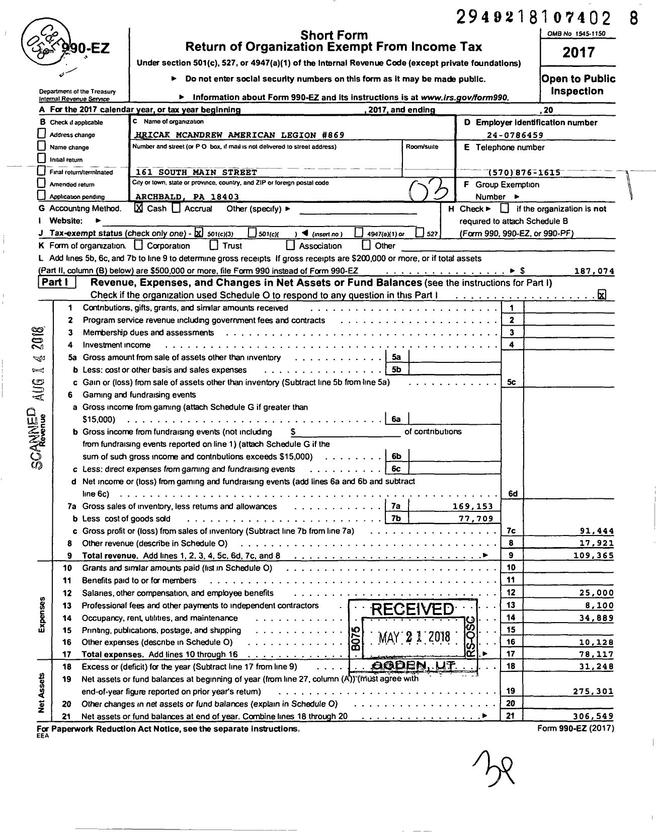 Image of first page of 2017 Form 990EZ for American Legion - 869 Hricak-Mc Andrew