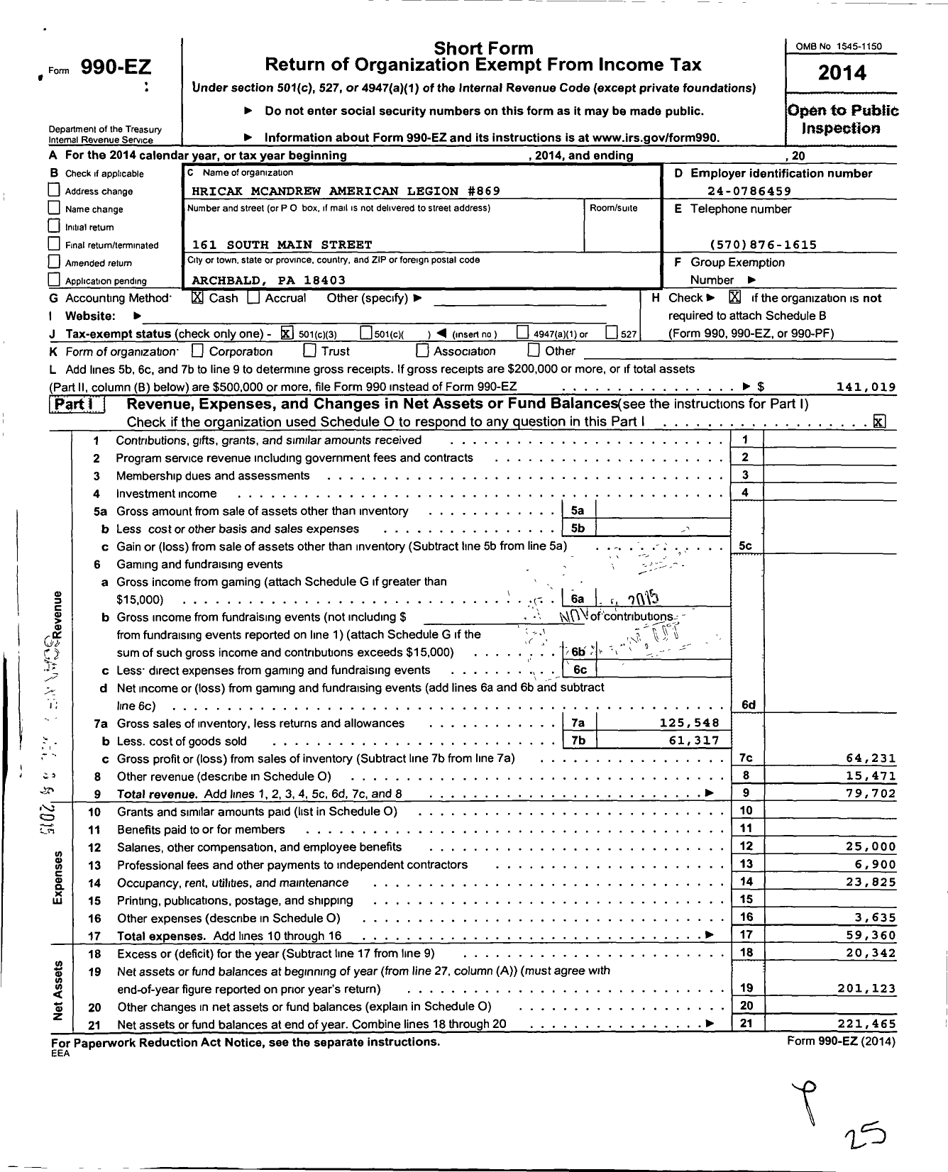 Image of first page of 2014 Form 990EZ for American Legion - 869 Hricak-Mc Andrew