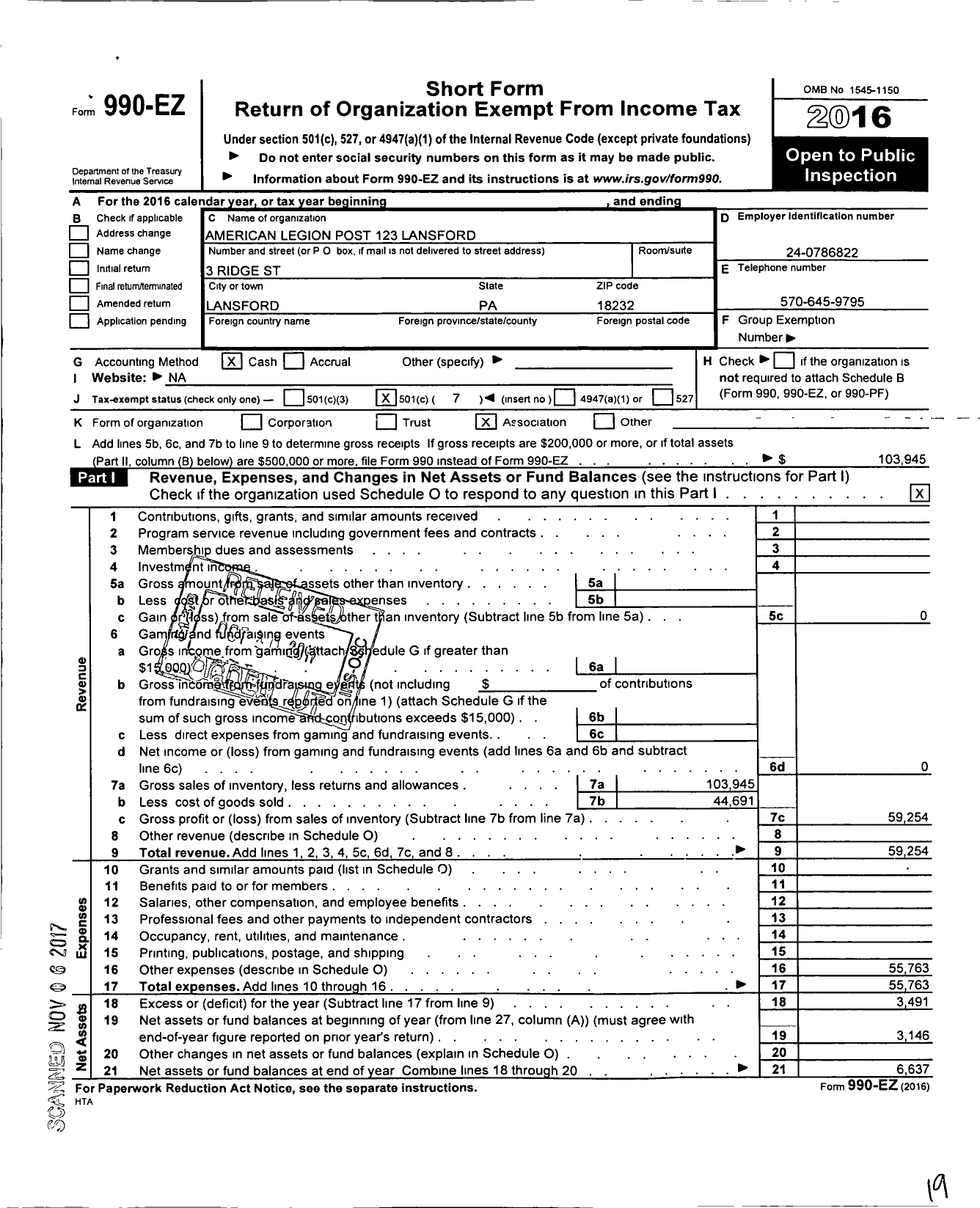 Image of first page of 2016 Form 990EO for Lansford Legion American Legion Post 123