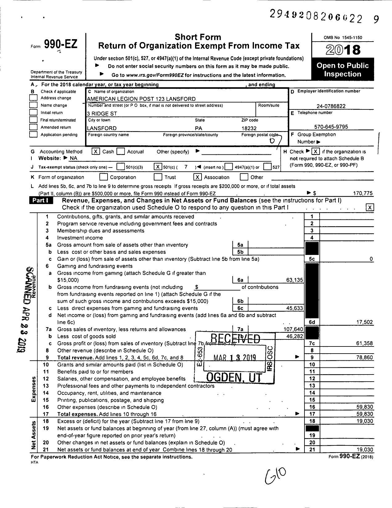 Image of first page of 2018 Form 990EO for Lansford Legion American Legion Post 123